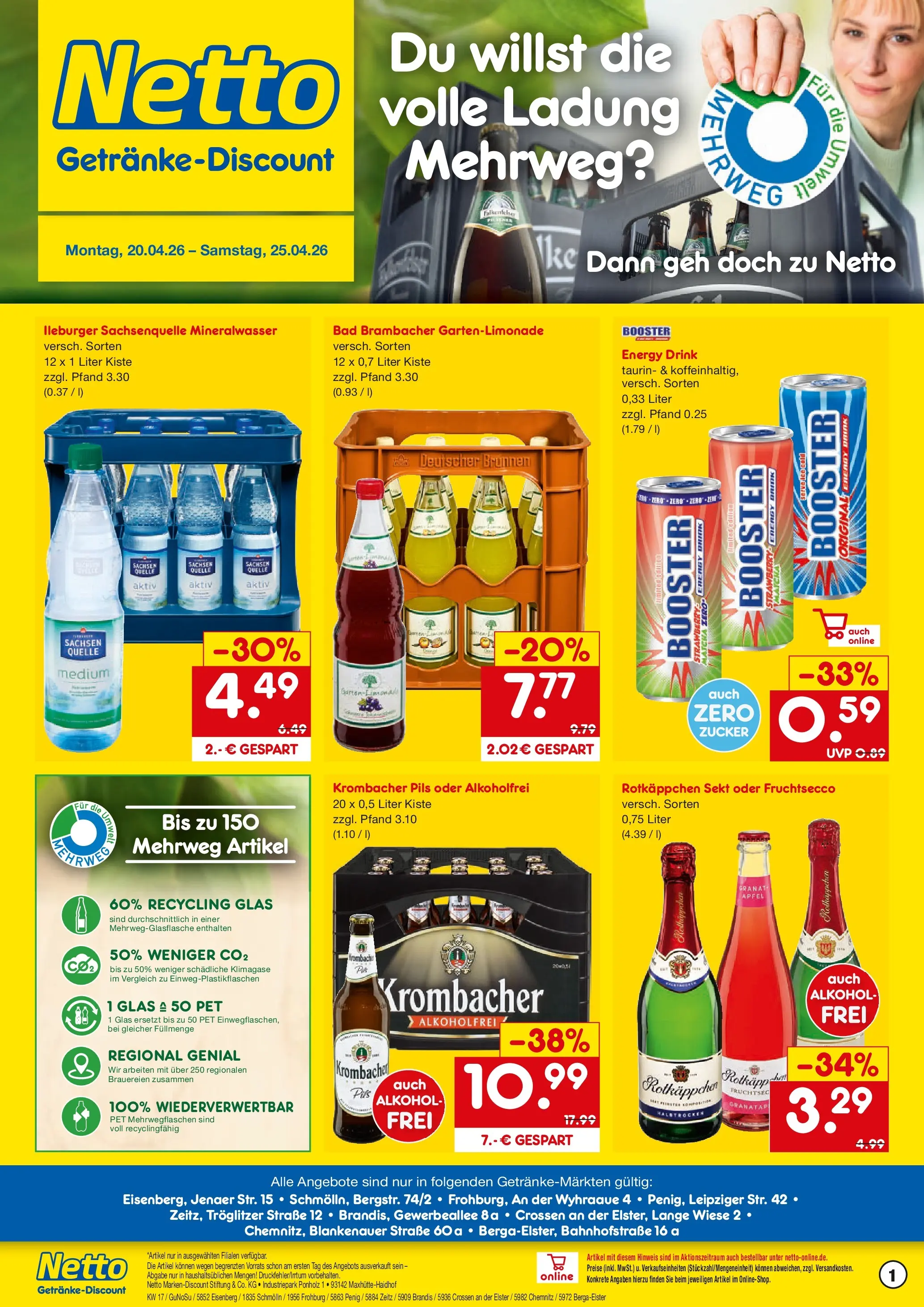 Netto Marken-Discount Prospekt Brandis	 (ab 20.04.2026) » Angebote | Seite: 1 | Produkte: Äpfel, Mineralwasser, Fruchtsecco, Zucker