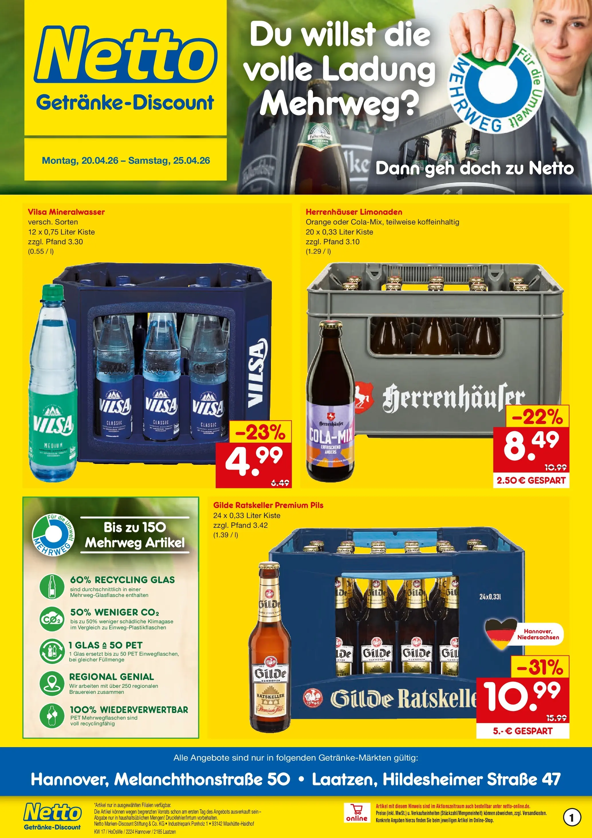 Netto Marken-Discount Prospekt Hannover	 (ab 20.04.2026) » Angebote | Seite: 1 | Produkte: Pils, Mineralwasser
