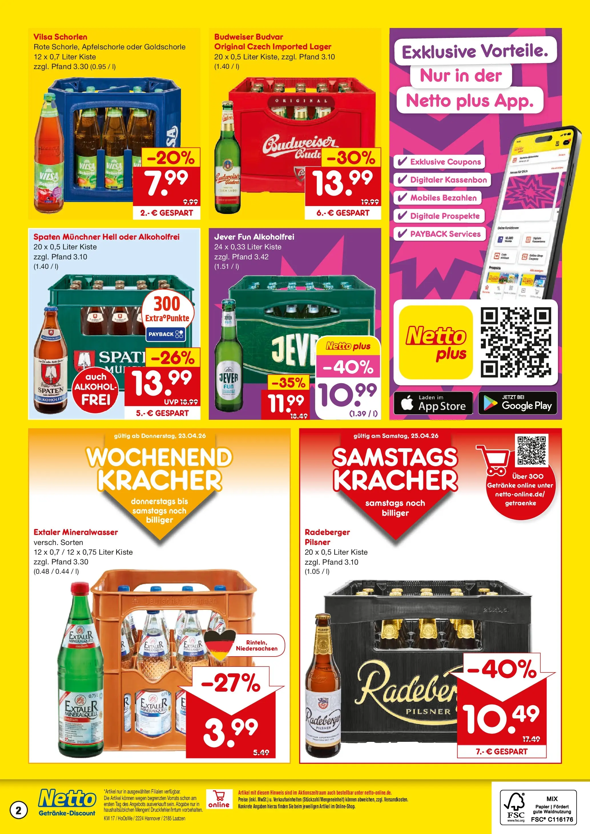 Netto Marken-Discount Prospekt Hannover	 (ab 20.04.2026) » Angebote | Seite: 2 | Produkte: Mineralwasser, Jever, Budweiser, Radeberger pilsner