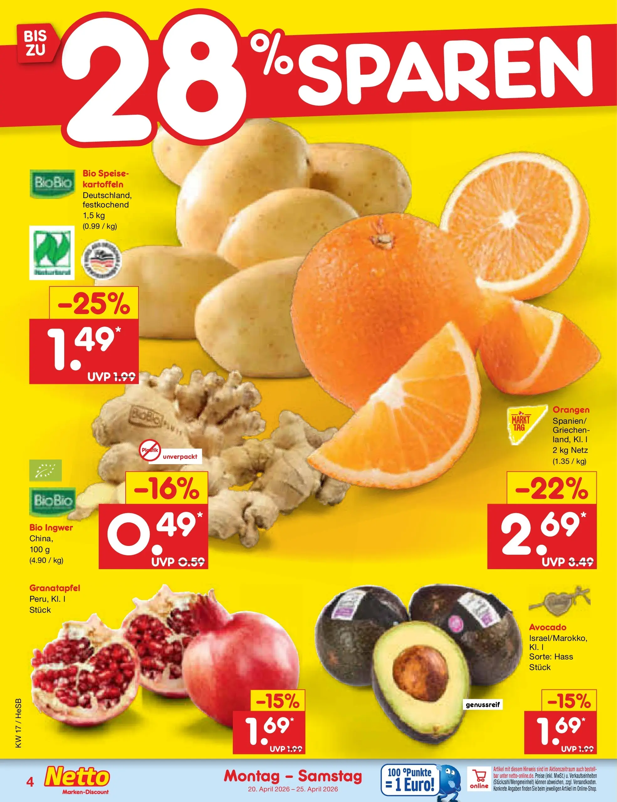 Netto Marken-Discount Prospekt Hamburg	 (ab 20.04.2026) » Angebote | Seite: 6 | Produkte: Granatapfel, Orangen, Avocado, Kartoffeln