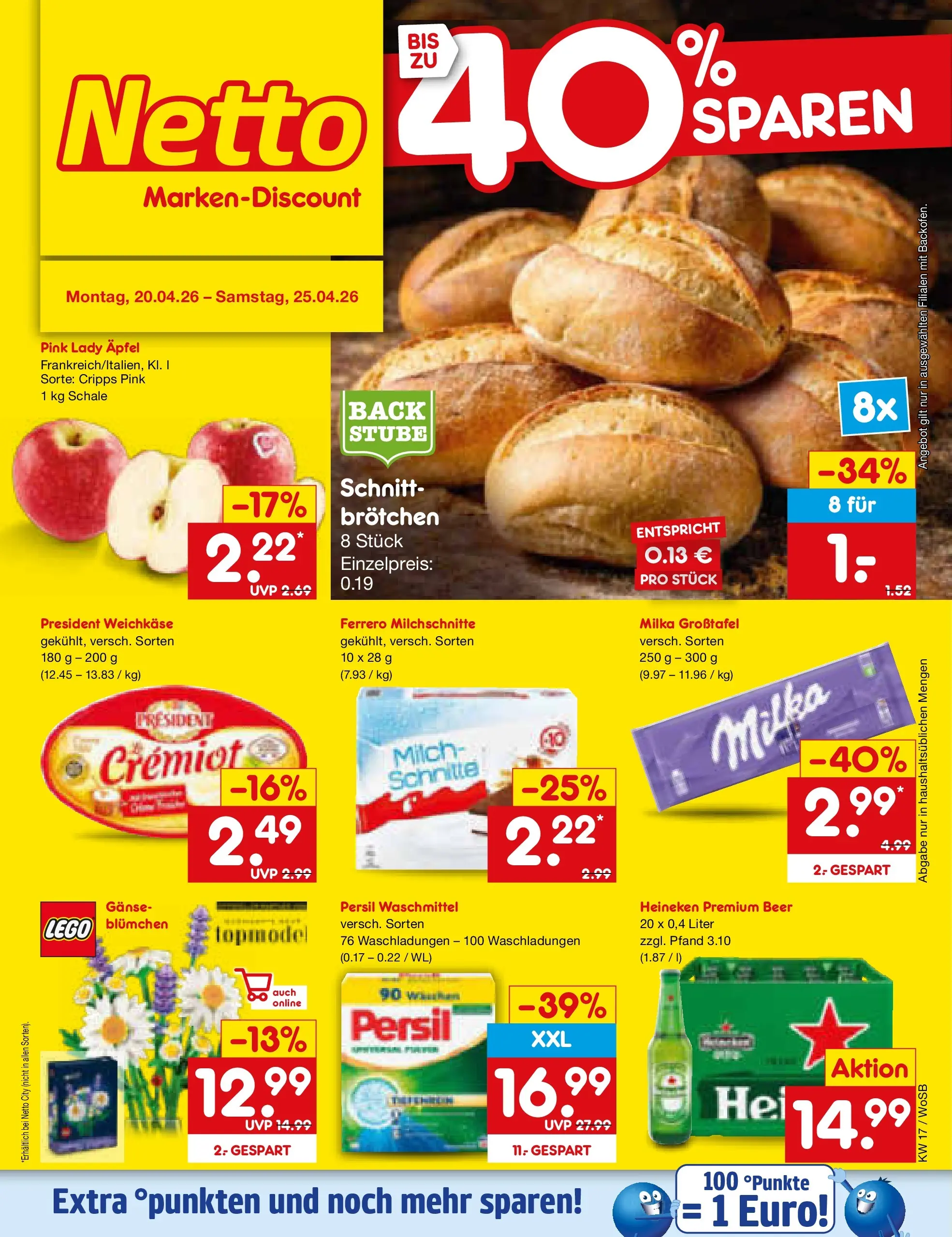 Netto Marken-Discount Prospekt Mannheim	 (ab 20.04.2026) » Angebote | Seite: 1 | Produkte: Milch, Heineken, Waschmittel, Ferrero milchschnitte