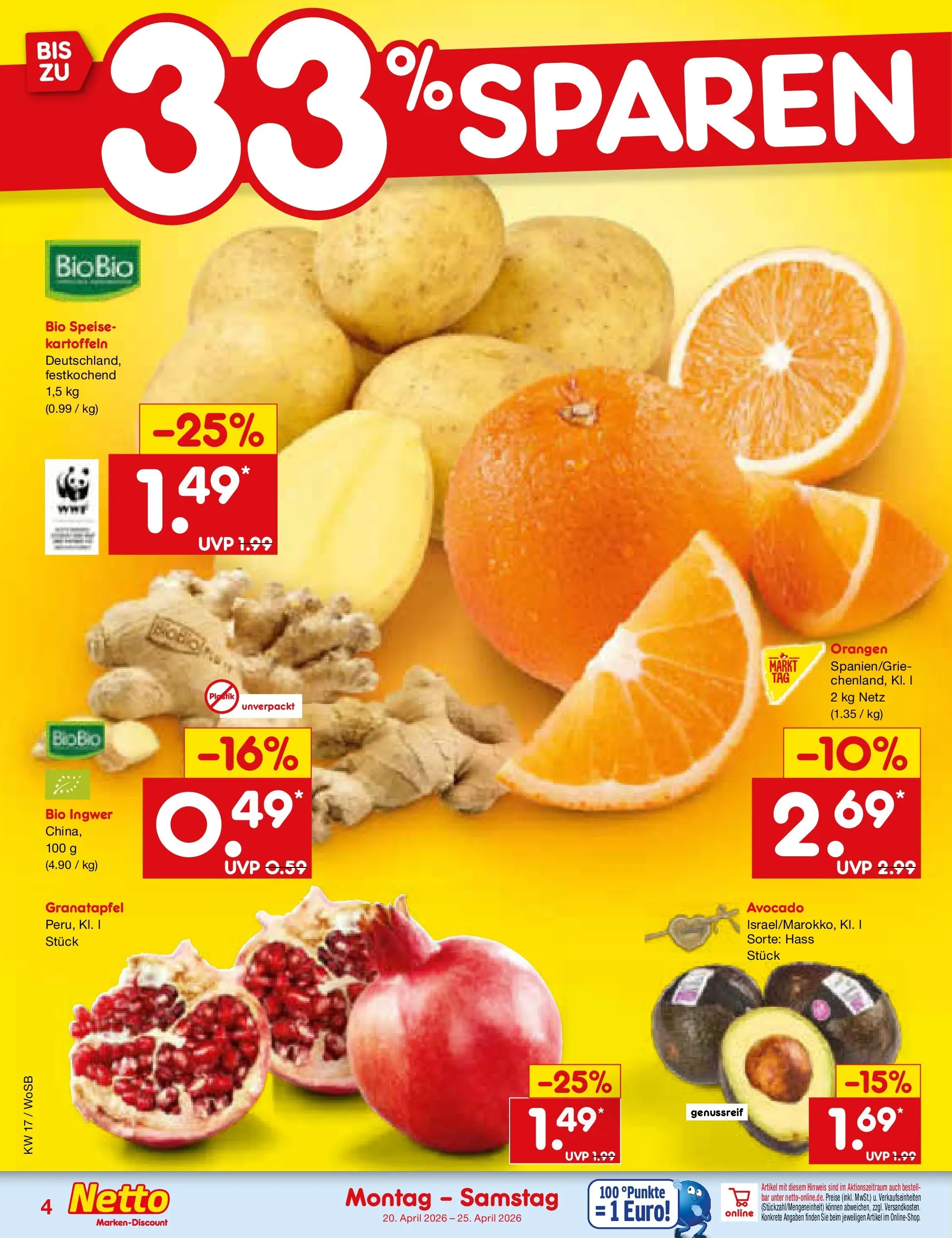Netto Marken-Discount Prospekt Mannheim	 (ab 20.04.2026) » Angebote | Seite: 6 | Produkte: Granatapfel, Orangen, Avocado, Kartoffeln
