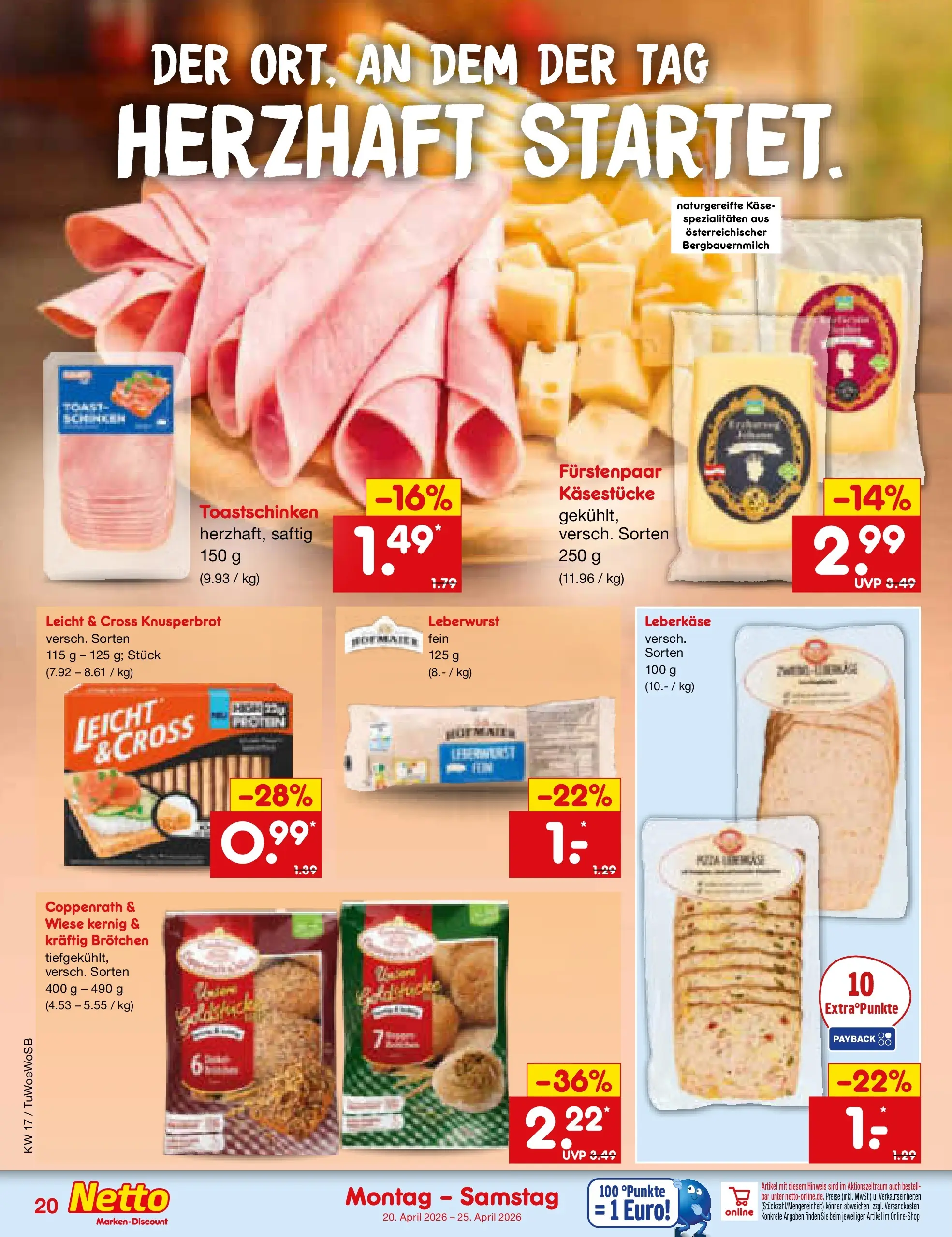 Netto Marken-Discount Prospekt Mannheim	 (ab 20.04.2026) » Angebote | Seite: 22 | Produkte: Käse, Toastschinken, Leberkase
