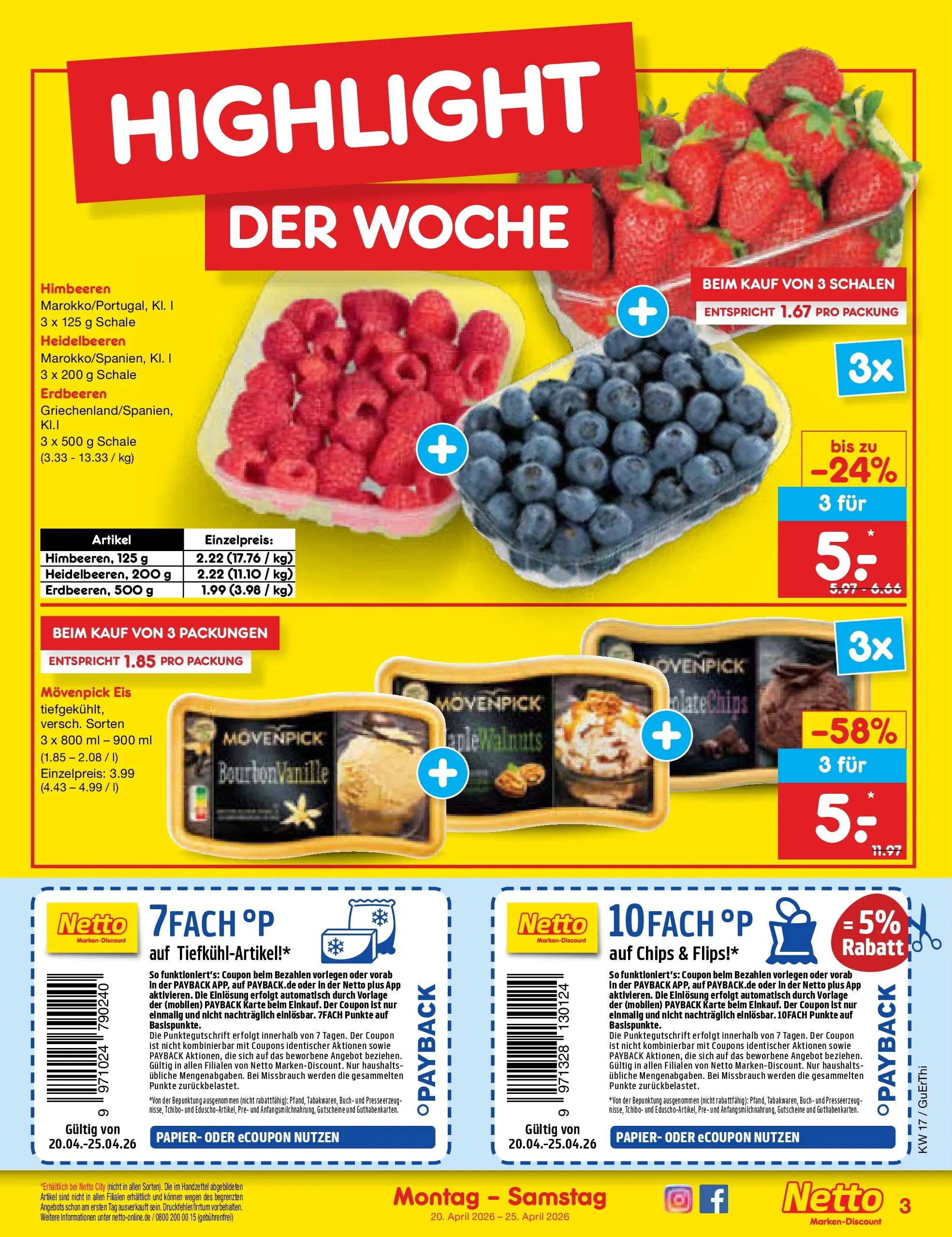 Netto Marken-Discount Prospekt Nordhausen	 (ab 19.04.2026) » Angebote | Seite: 3 | Produkte: Himbeeren, Movenpick eis, Erdbeeren, Eis
