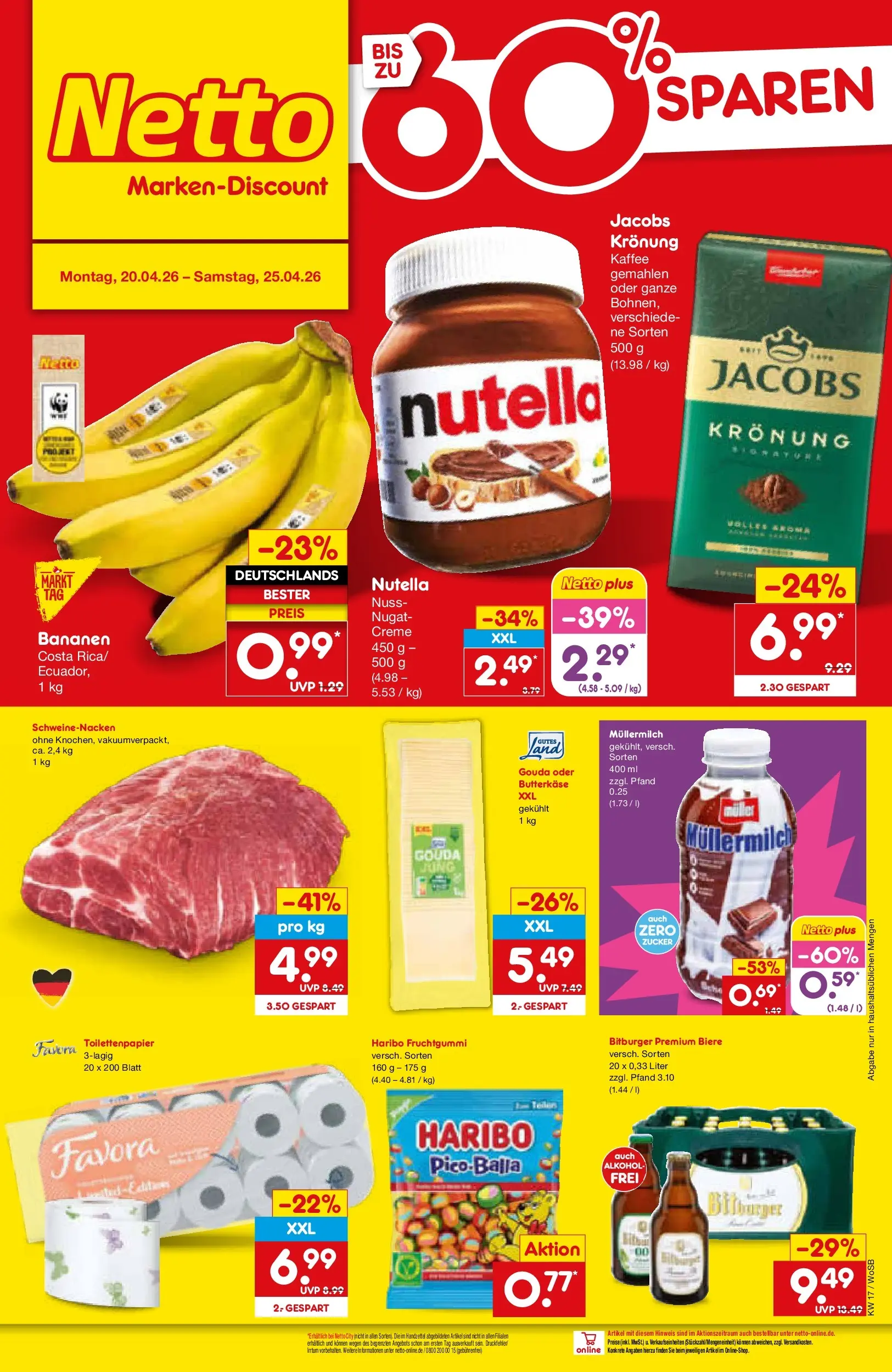 Netto Marken-Discount Prospekt Mannheim	 (ab 20.04.2026) » Angebote | Seite: 28 | Produkte: Schweinenacken, Creme, Nutella, Toilettenpapier