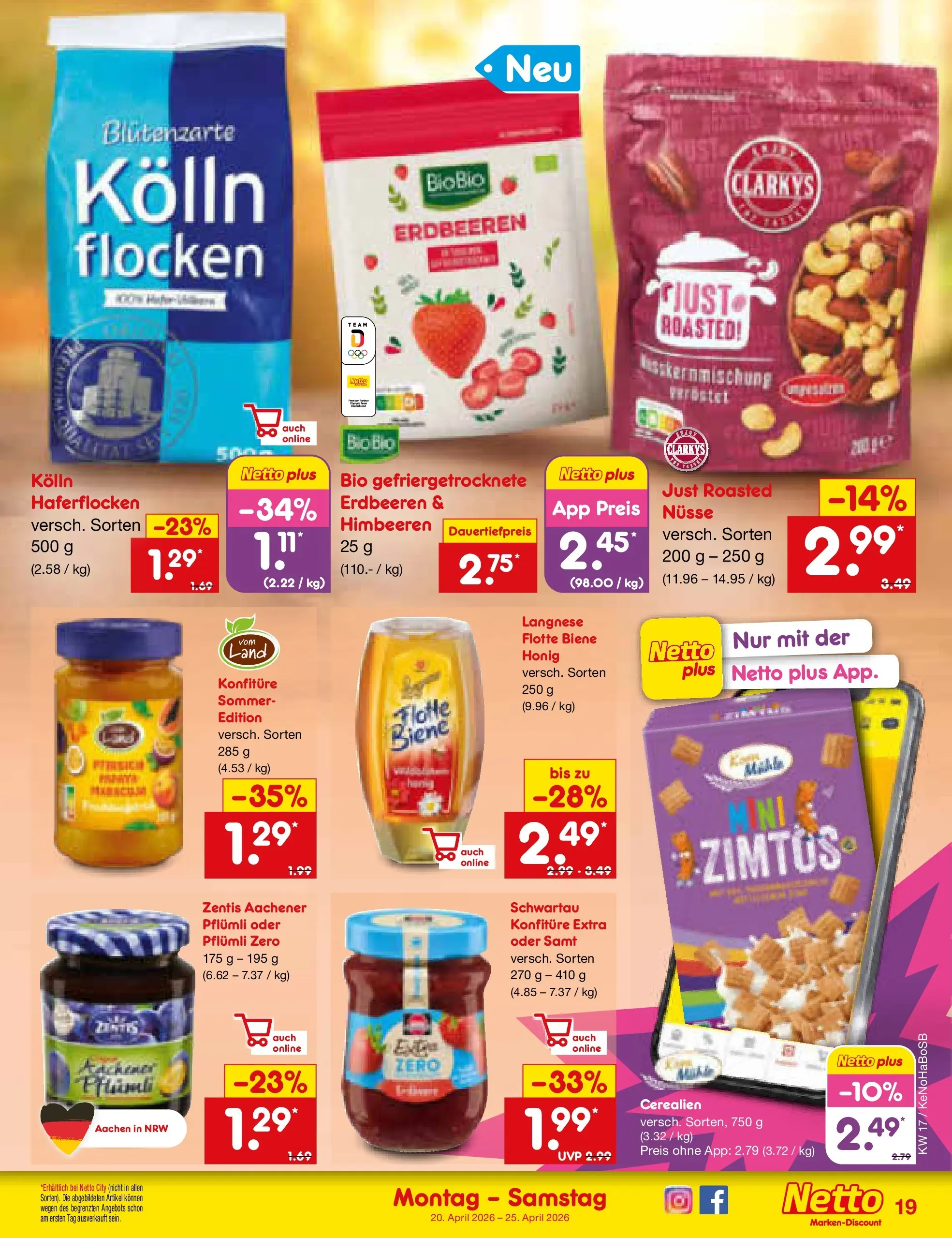 Netto Marken-Discount Prospekt Wuppertal	 (ab 20.04.2026) » Angebote | Seite: 21 | Produkte: Kolln, Erdbeeren, Nüsse, Flocken