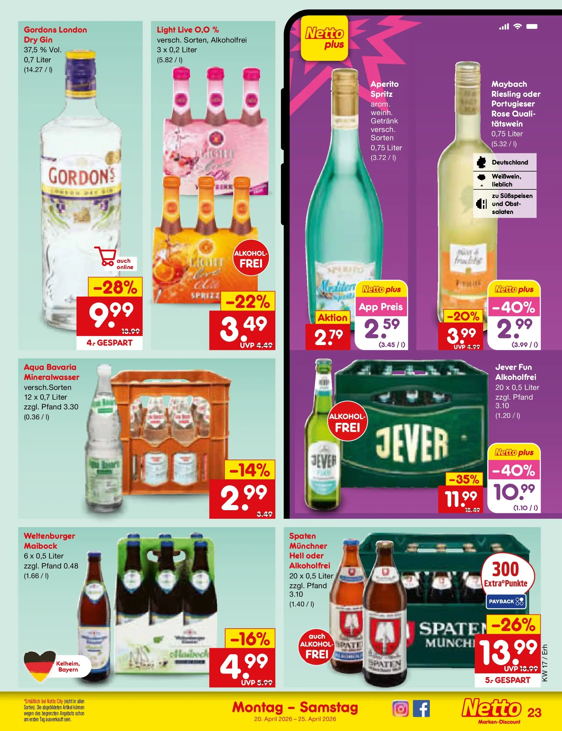 Netto Marken-Discount Prospekt Metten	 (ab 20.04.2026) » Angebote | Seite: 30 | Produkte: Mineralwasser, Obst, Jever, Gin