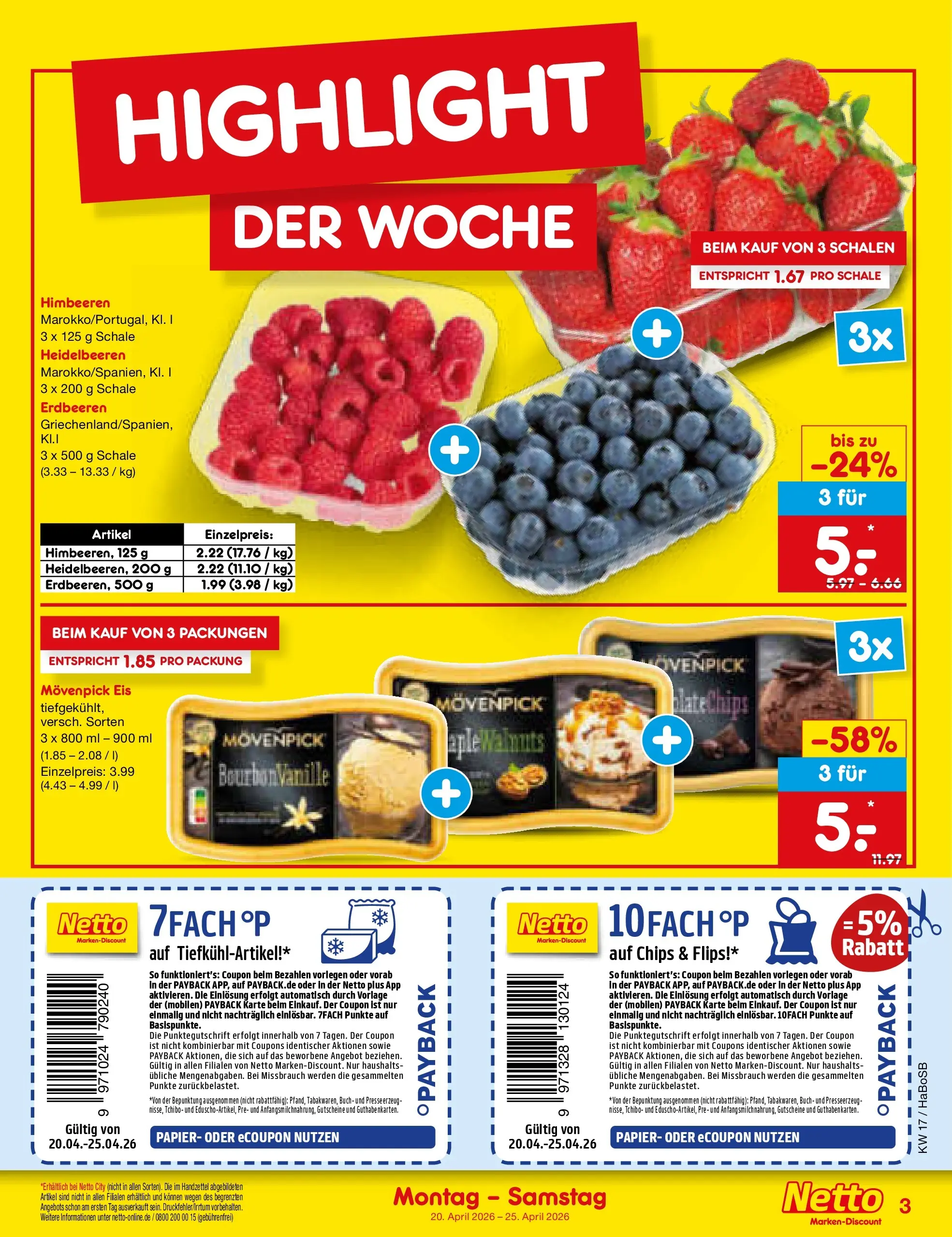 Netto Marken-Discount Prospekt Wuppertal	 (ab 20.04.2026) » Angebote | Seite: 3 | Produkte: Himbeeren, Heidelbeeren, Erdbeeren, Chips