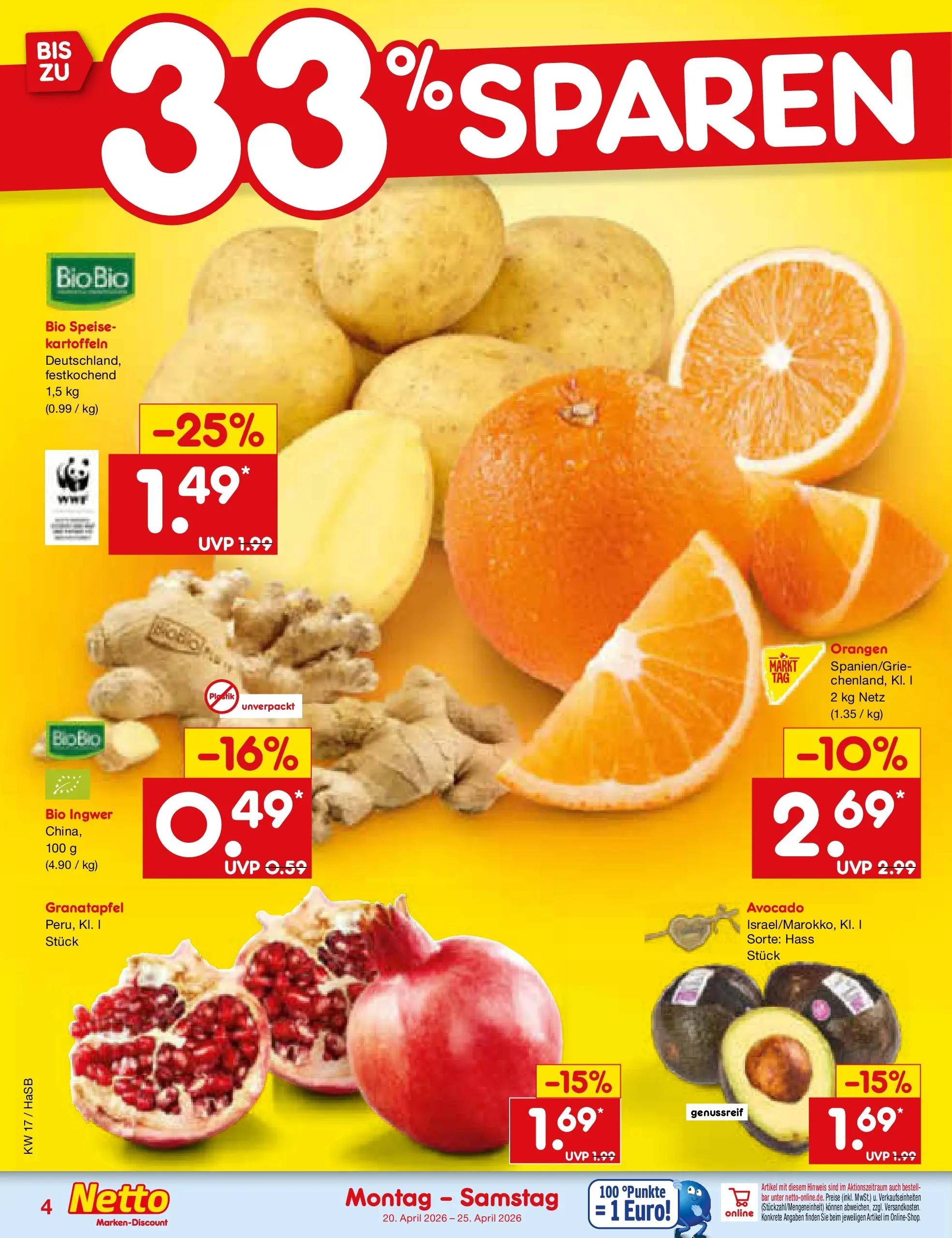 Netto Marken-Discount Prospekt Wuppertal	 (ab 20.04.2026) » Angebote | Seite: 6 | Produkte: Granatapfel, Orangen, Avocado, Kartoffeln
