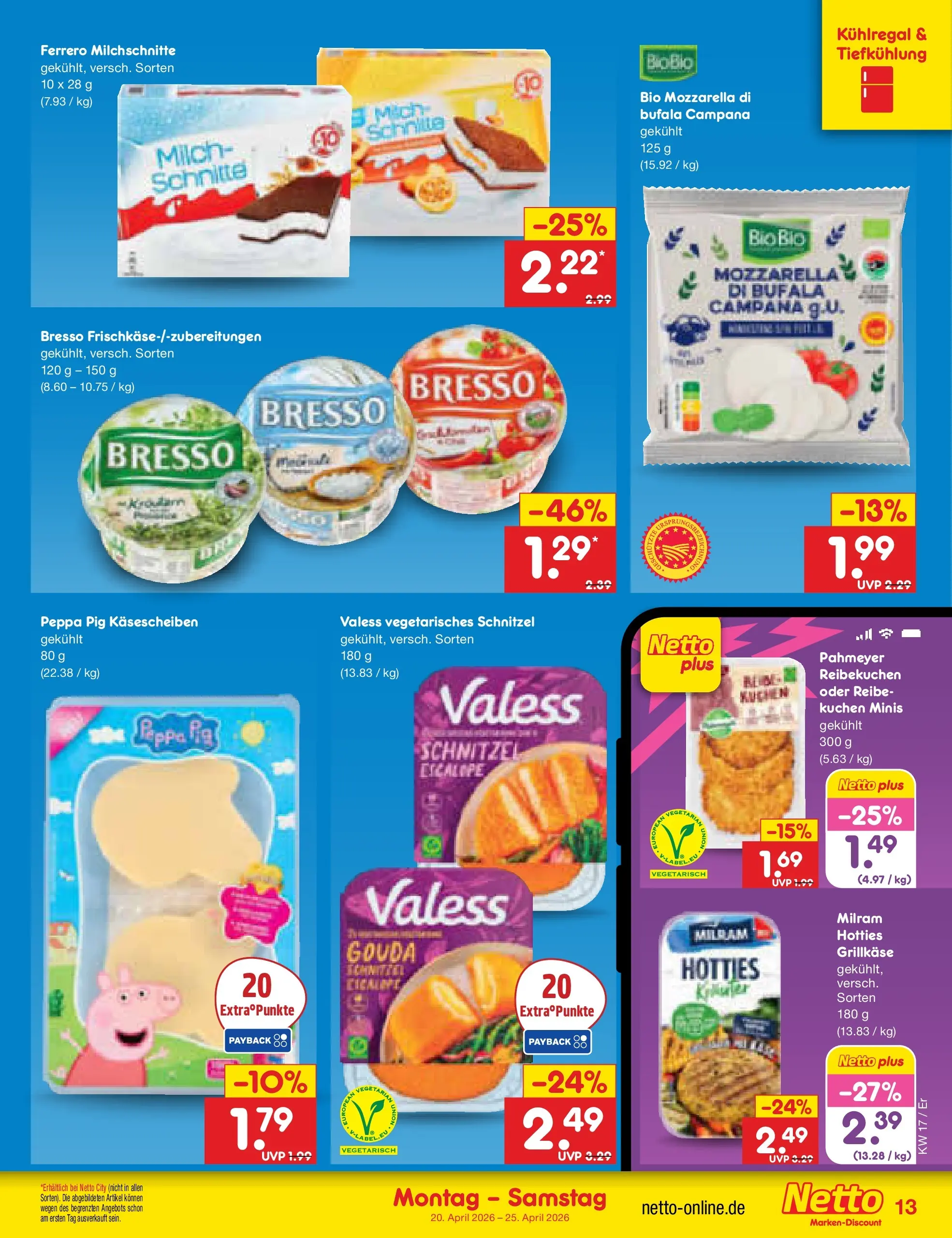 Netto Marken-Discount Prospekt Nordhausen	 (ab 19.04.2026) » Angebote | Seite: 15 | Produkte: Mozzarella, Schnitzel, Kuchen, Ferrero milchschnitte
