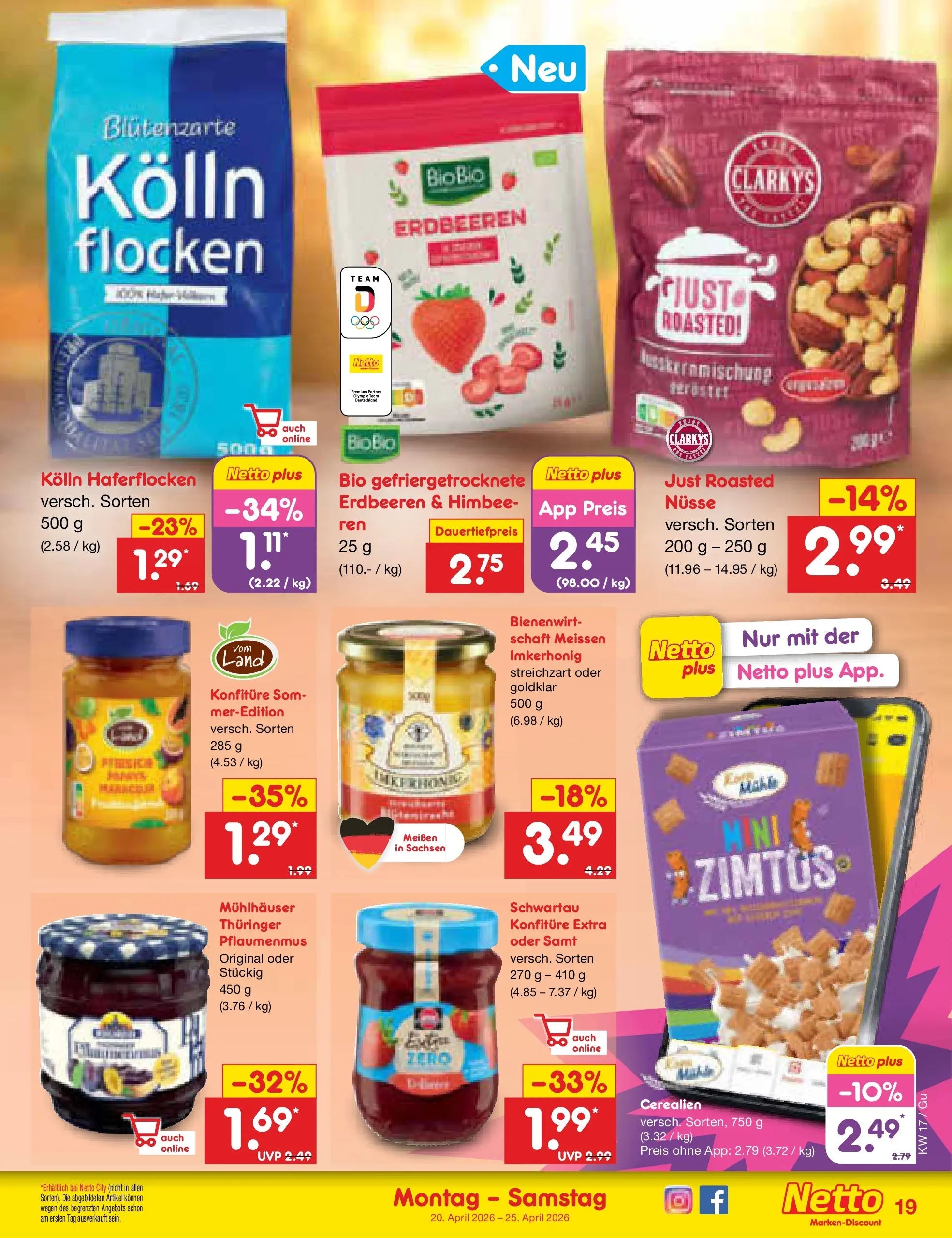 Netto Marken-Discount Prospekt Machern	 (ab 19.04.2026) » Angebote | Seite: 21 | Produkte: Kolln haferflocken, Erdbeeren, Nüsse, Flocken
