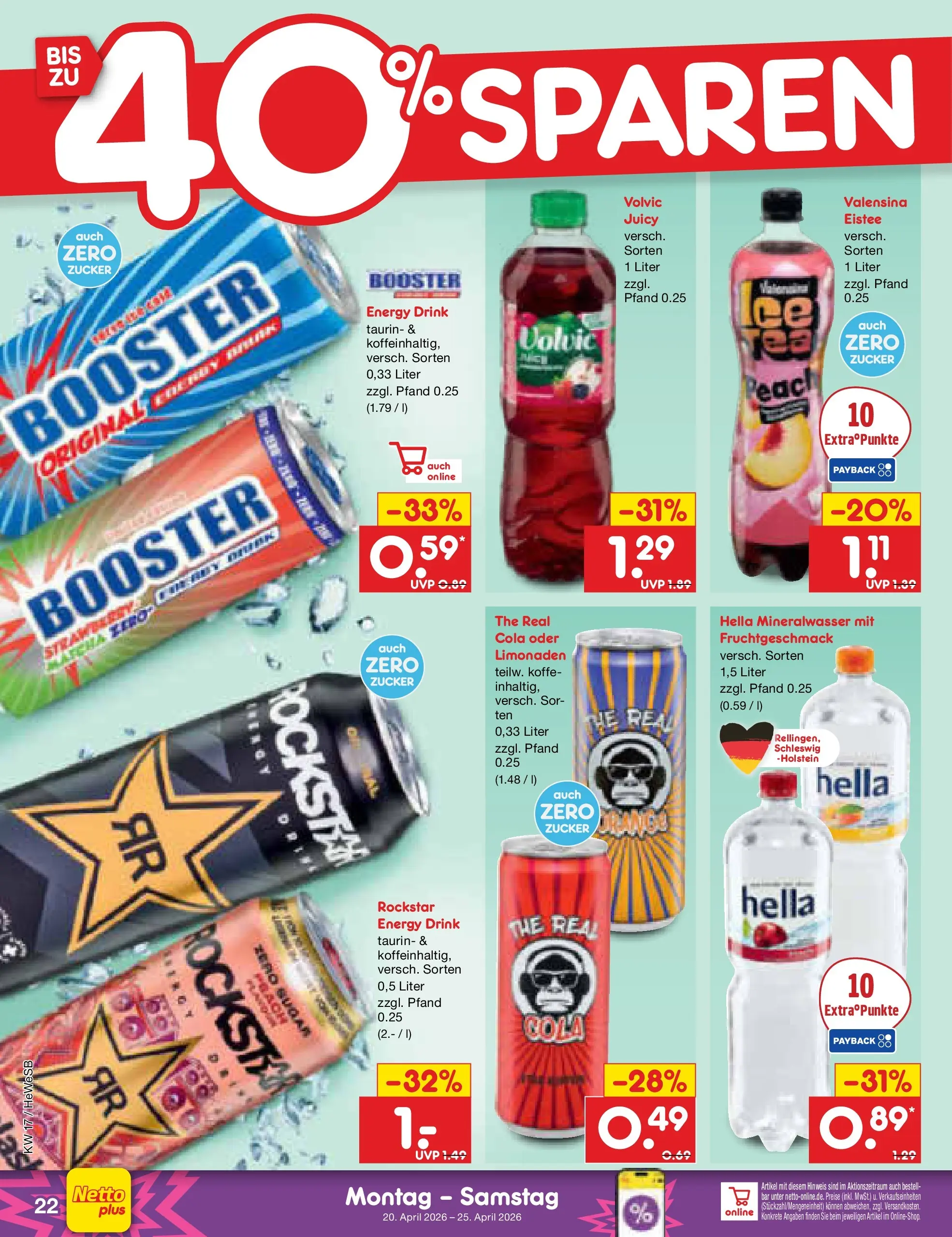 Netto Marken-Discount Prospekt Hamburg	 (ab 20.04.2026) » Angebote | Seite: 30 | Produkte: Cola, Rockstar, Mineralwasser, Hella