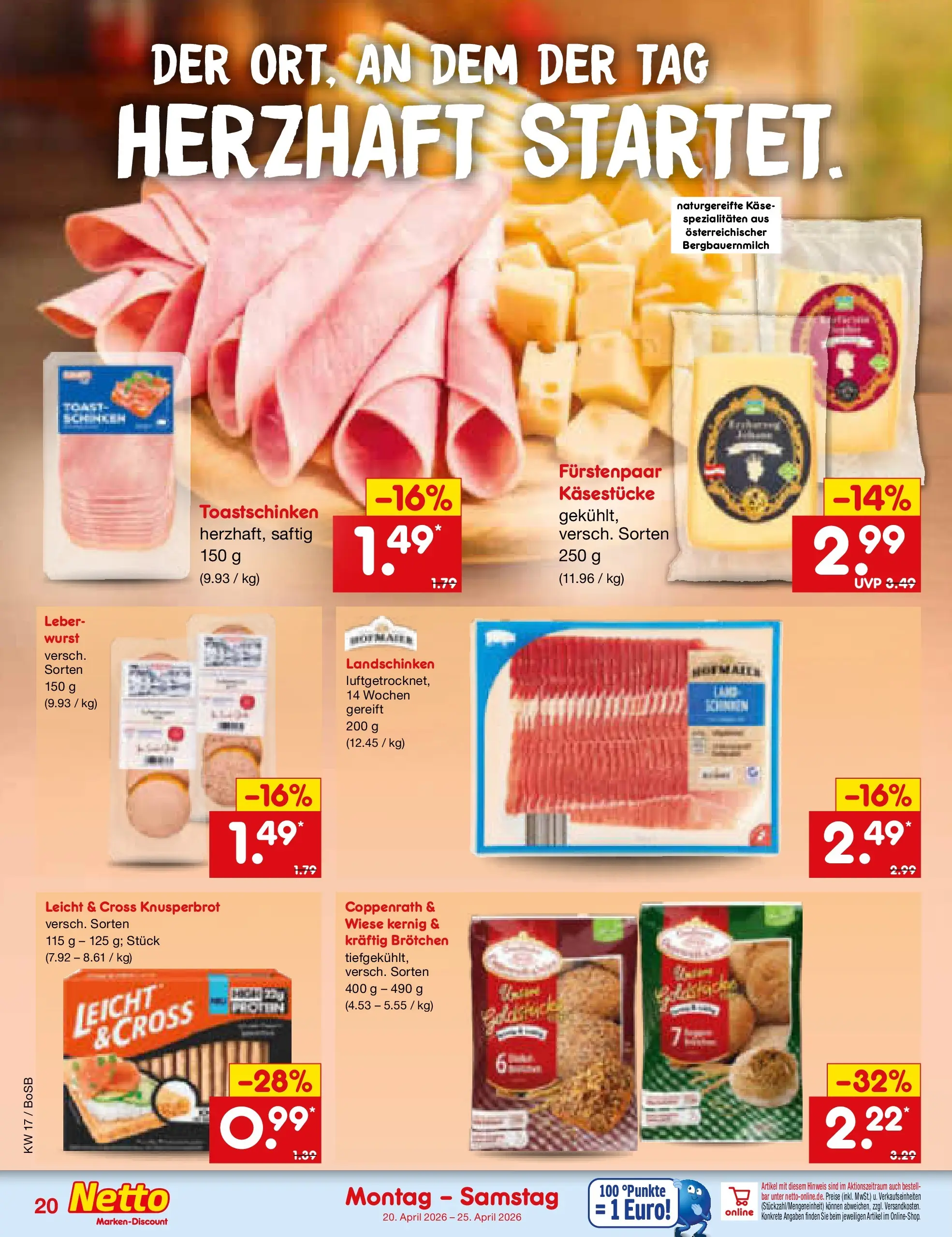 Netto Marken-Discount Prospekt Stadtlohn	 (ab 20.04.2026) » Angebote | Seite: 22 | Produkte: Käse, Toastschinken, Wurst
