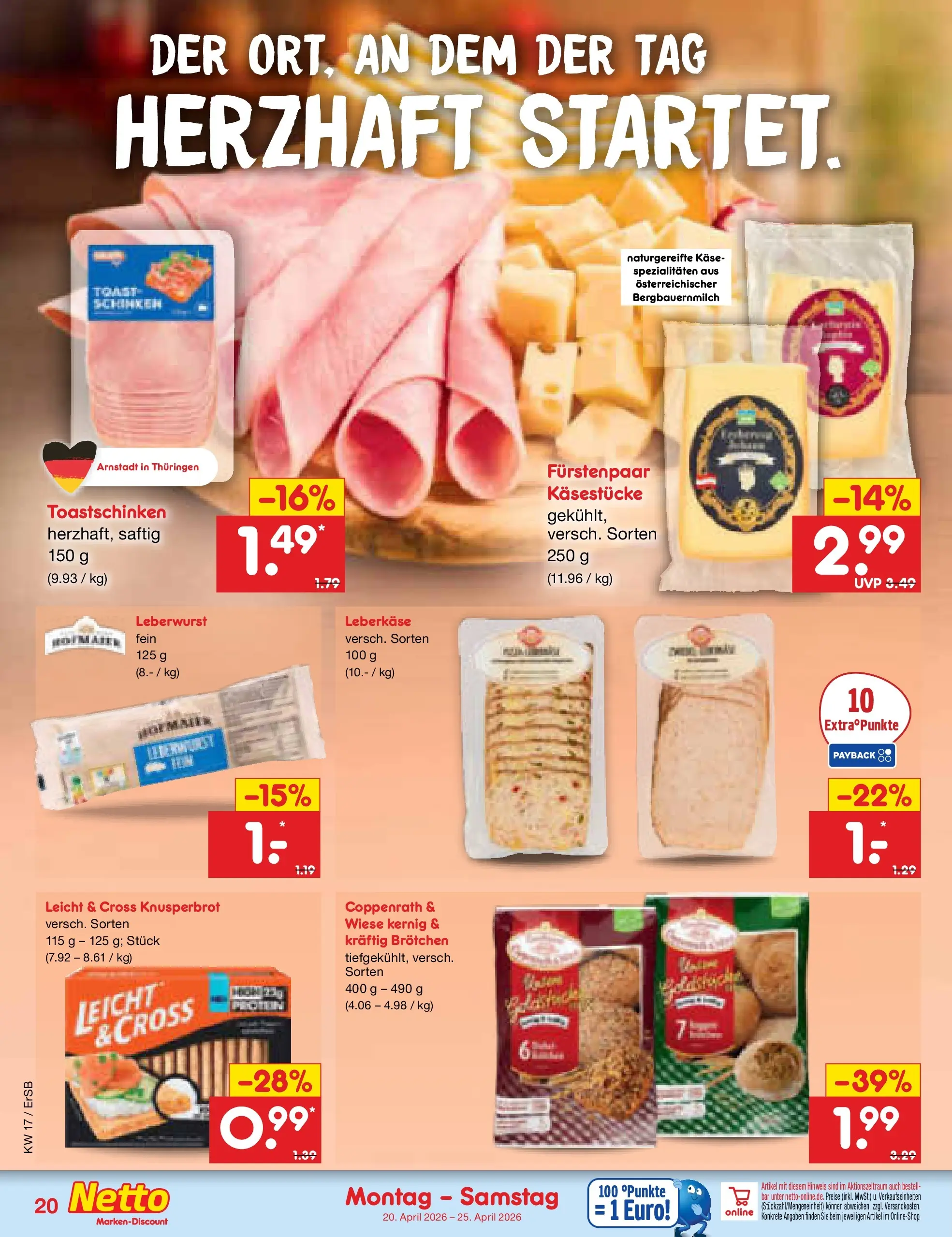 Netto Marken-Discount Prospekt Nordhausen	 (ab 19.04.2026) » Angebote | Seite: 22 | Produkte: Käse, Toastschinken, Schinken, Leberkase
