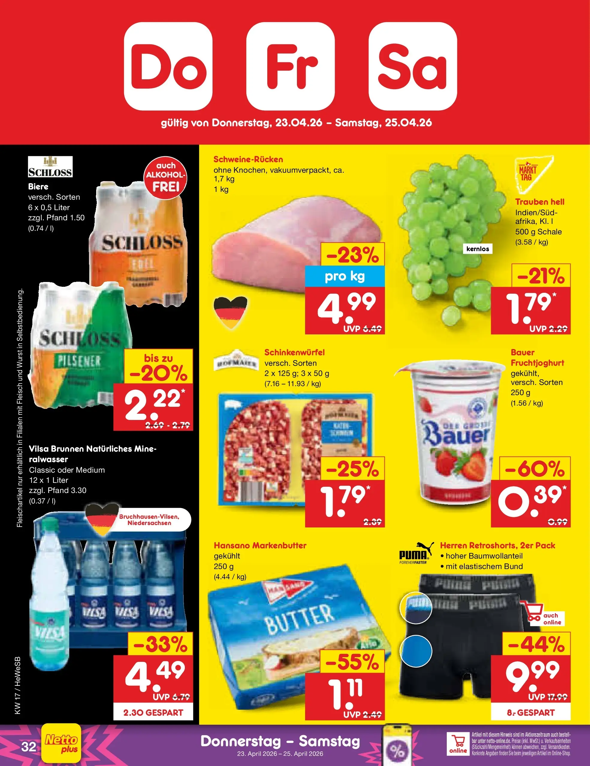 Netto Marken-Discount Prospekt Hamburg	 (ab 20.04.2026) » Angebote | Seite: 44 | Produkte: Trauben, Fruchtjoghurt, Wurst, Schweinerucken