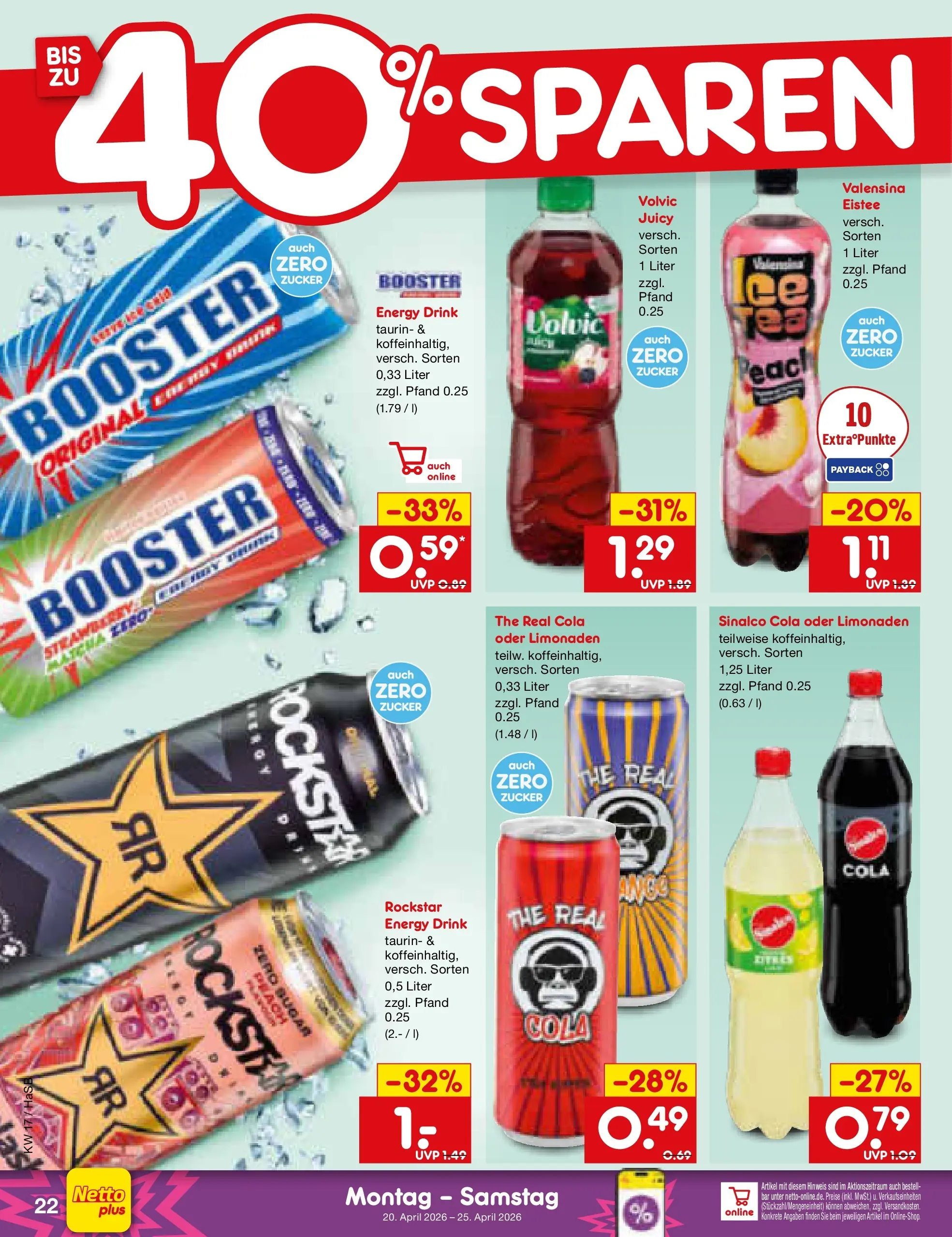 Netto Marken-Discount Prospekt Wuppertal	 (ab 20.04.2026) » Angebote | Seite: 30 | Produkte: Sinalco, Rockstar energy, Valensina, Volvic