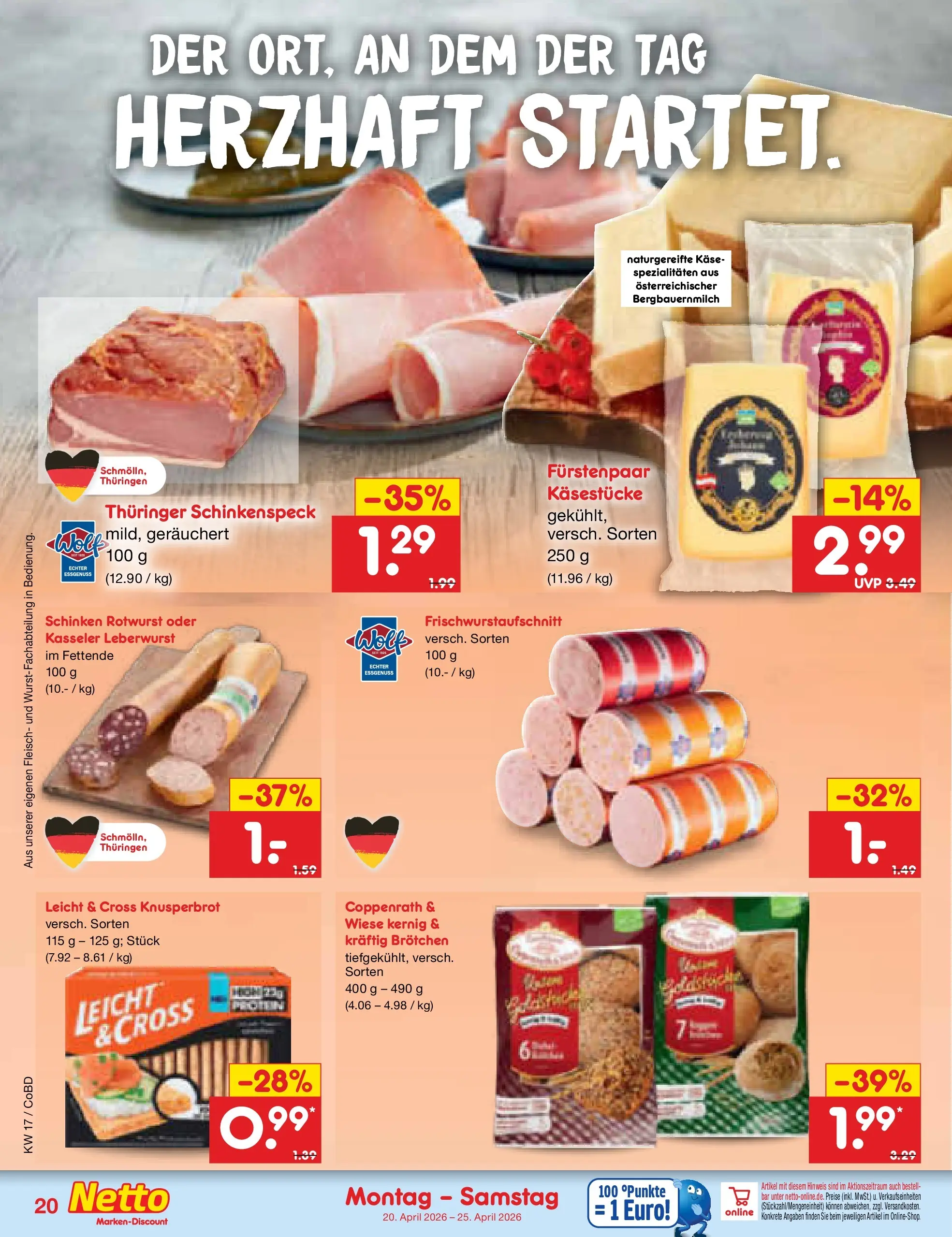 Netto Marken-Discount Prospekt Delitzsch	 (ab 20.04.2026) » Angebote | Seite: 22 | Produkte: Käse, Schinken, Fleisch