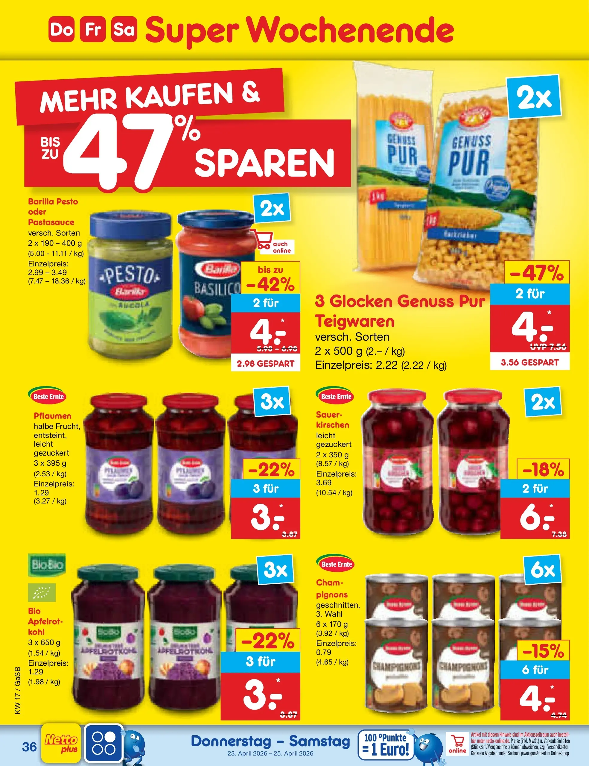 Netto Marken-Discount Prospekt Bremen-Lesum (ab 20.04.2026) » Angebote | Seite: 52 | Produkte: Pflaumen, Barilla pesto, Kirschen, Champignons Netto Marken-Discount Prospekt Bremen-Lesum (ab 20.04.2026) » Angebote | Seite: 52 | Produkte: Pflaumen, Barilla pesto, Kirschen, Champignons