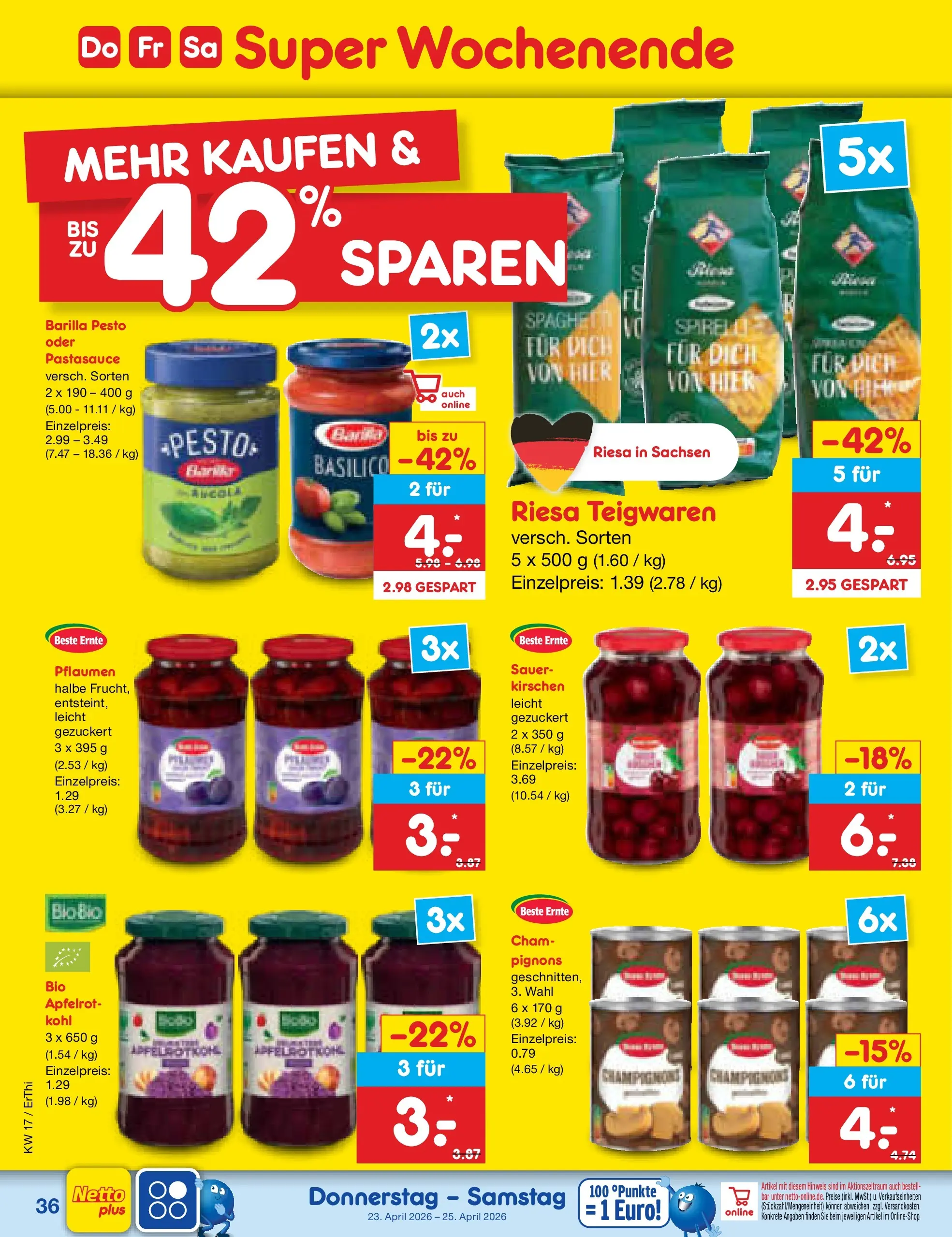 Netto Marken-Discount Prospekt Nordhausen	 (ab 19.04.2026) » Angebote | Seite: 52 | Produkte: Pflaumen, Barilla, Barilla pesto, Kirschen