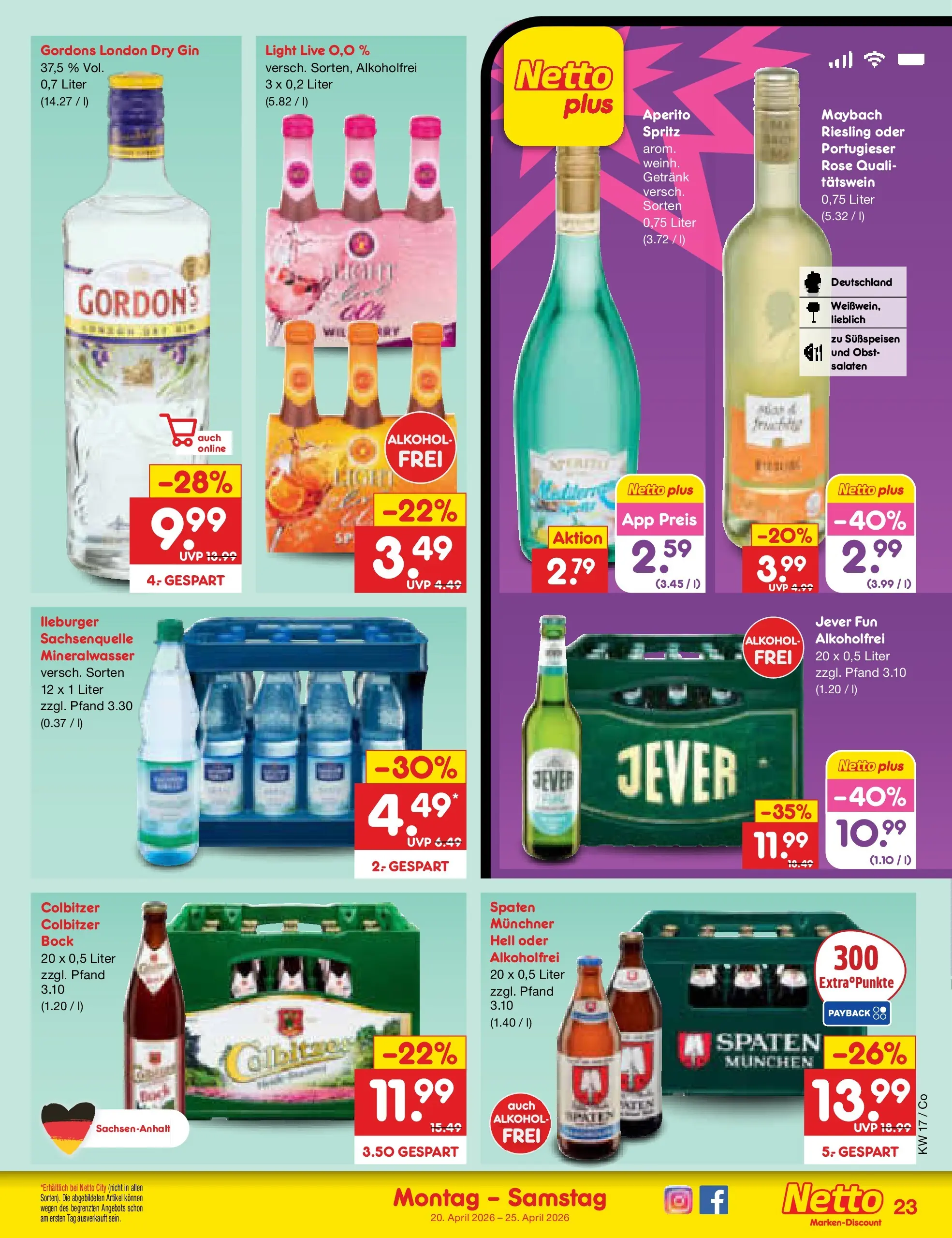 Netto Marken-Discount Prospekt Bitterfeld-Wolfen	 (ab 19.04.2026) » Angebote | Seite: 31 | Produkte: Mineralwasser, Obst, Jever, Gin
