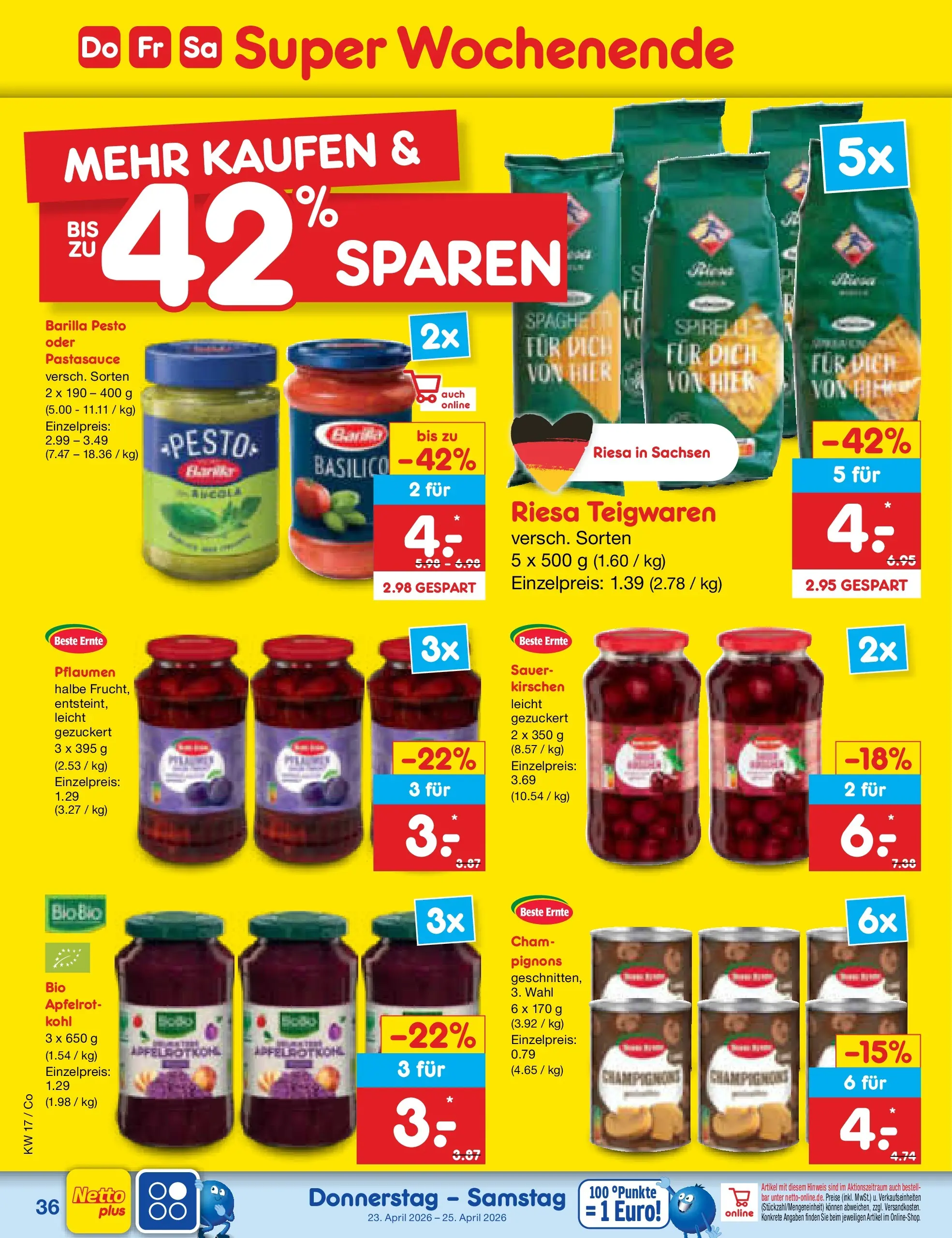 Netto Marken-Discount Prospekt Bitterfeld-Wolfen	 (ab 19.04.2026) » Angebote | Seite: 52 | Produkte: Barilla, Barilla pesto, Kirschen, Champignons