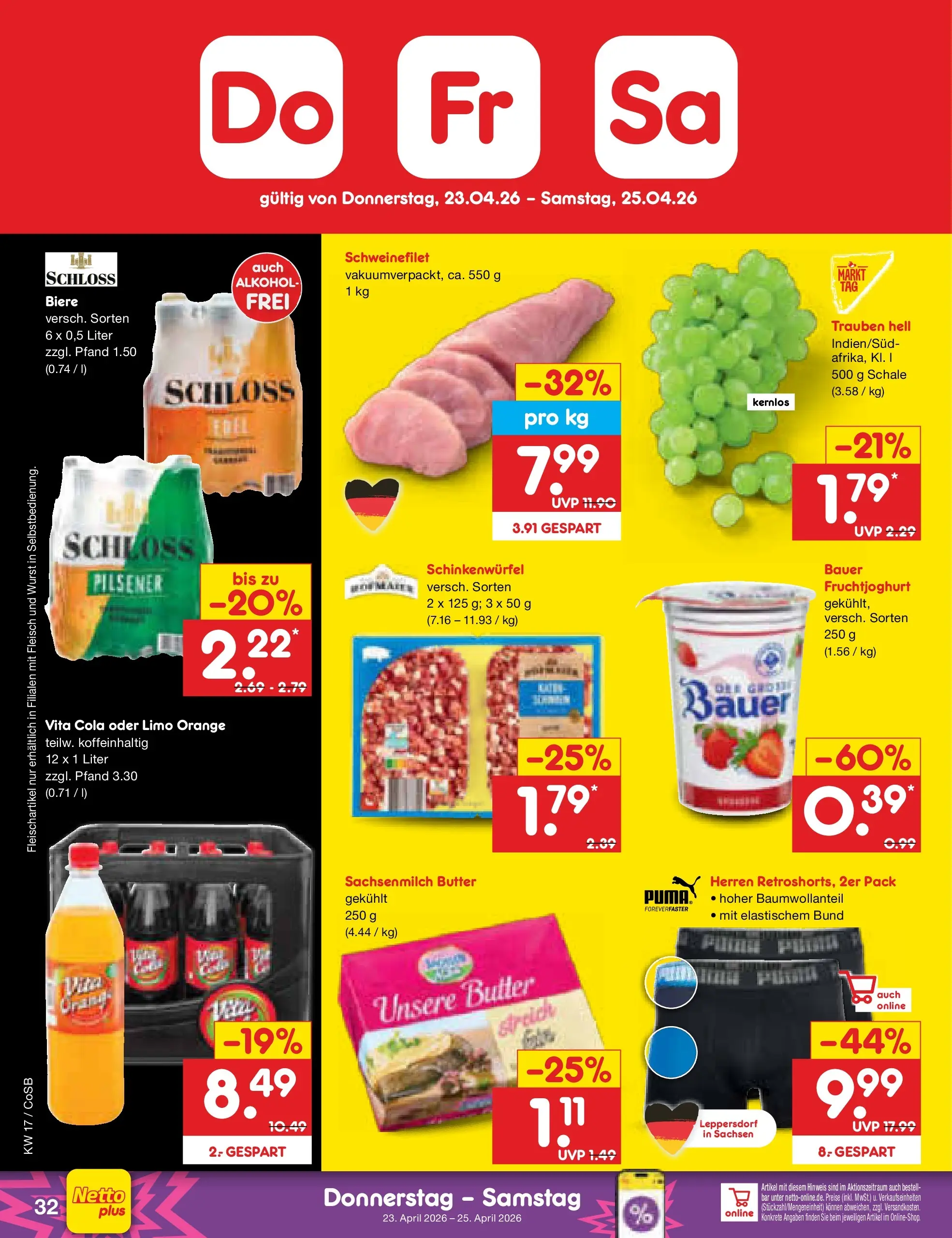 Netto Marken-Discount Prospekt Bitterfeld-Wolfen	 (ab 19.04.2026) » Angebote | Seite: 48 | Produkte: Cola, Trauben, Schweinefilet, Wurst