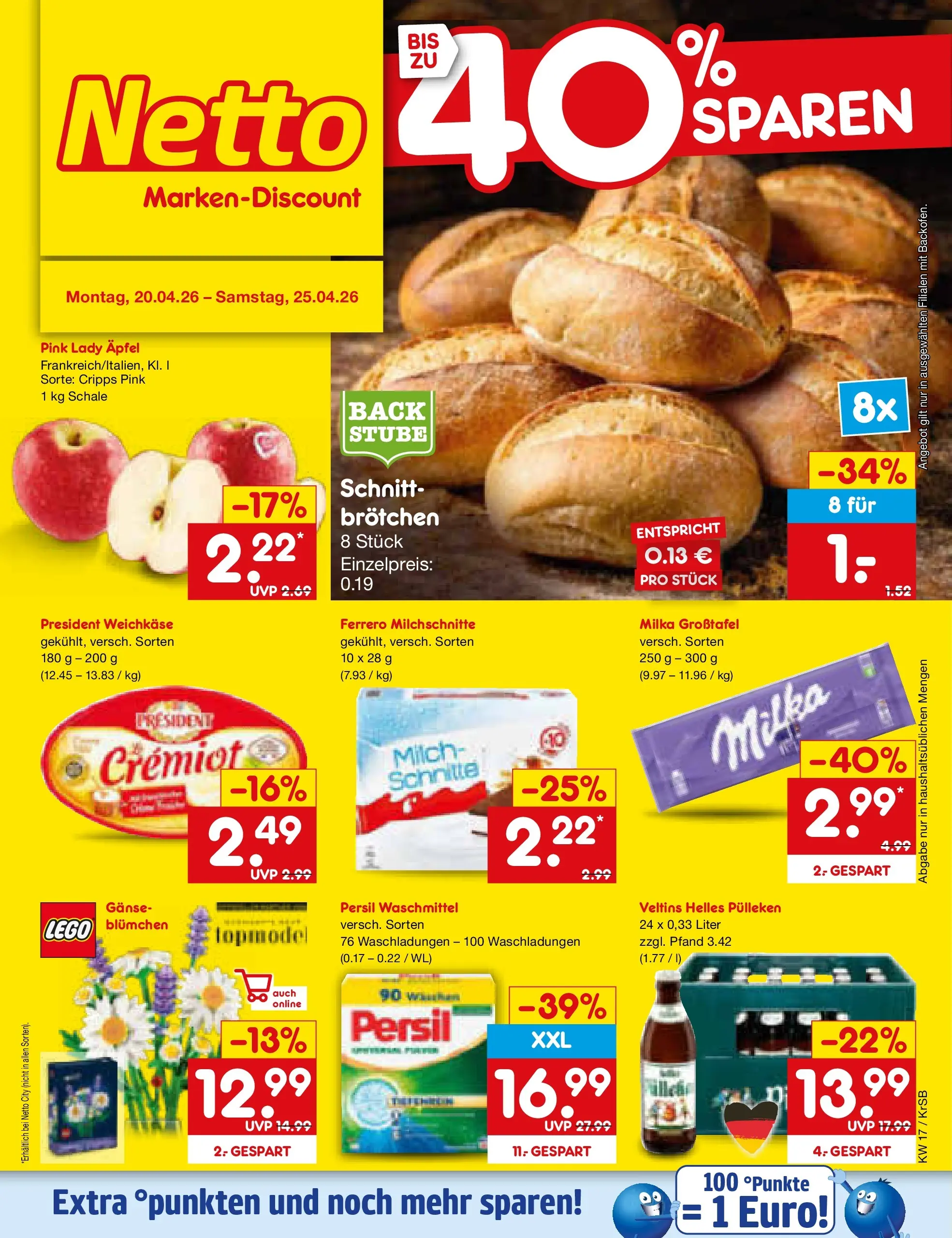 Netto Marken-Discount Prospekt Jüchen	 (ab 20.04.2026) » Angebote | Seite: 1 | Produkte: Helles pulleken, Milka, Ferrero milchschnitte, Persil