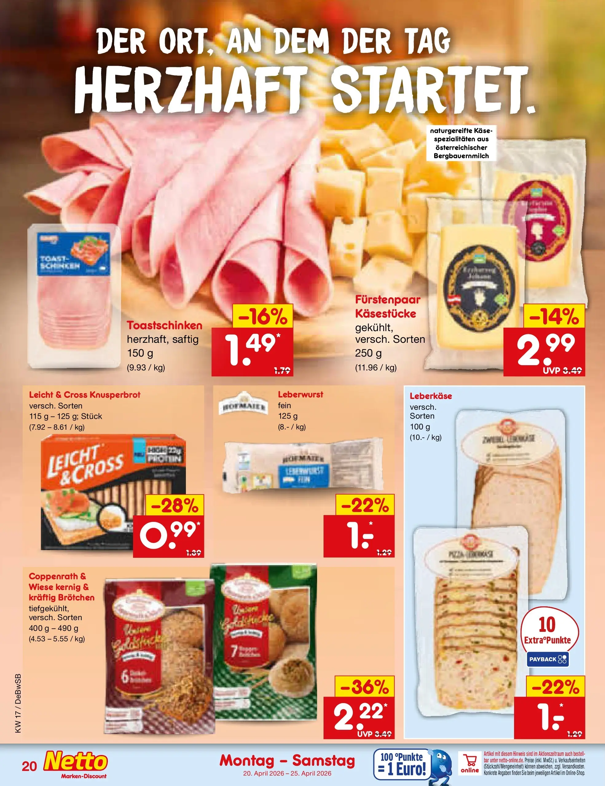 Netto Marken-Discount Prospekt Waiblingen-Bittenfeld	 (ab 19.04.2026) » Angebote | Seite: 22 | Produkte: Käse, Toast, Toastschinken, Leberkase