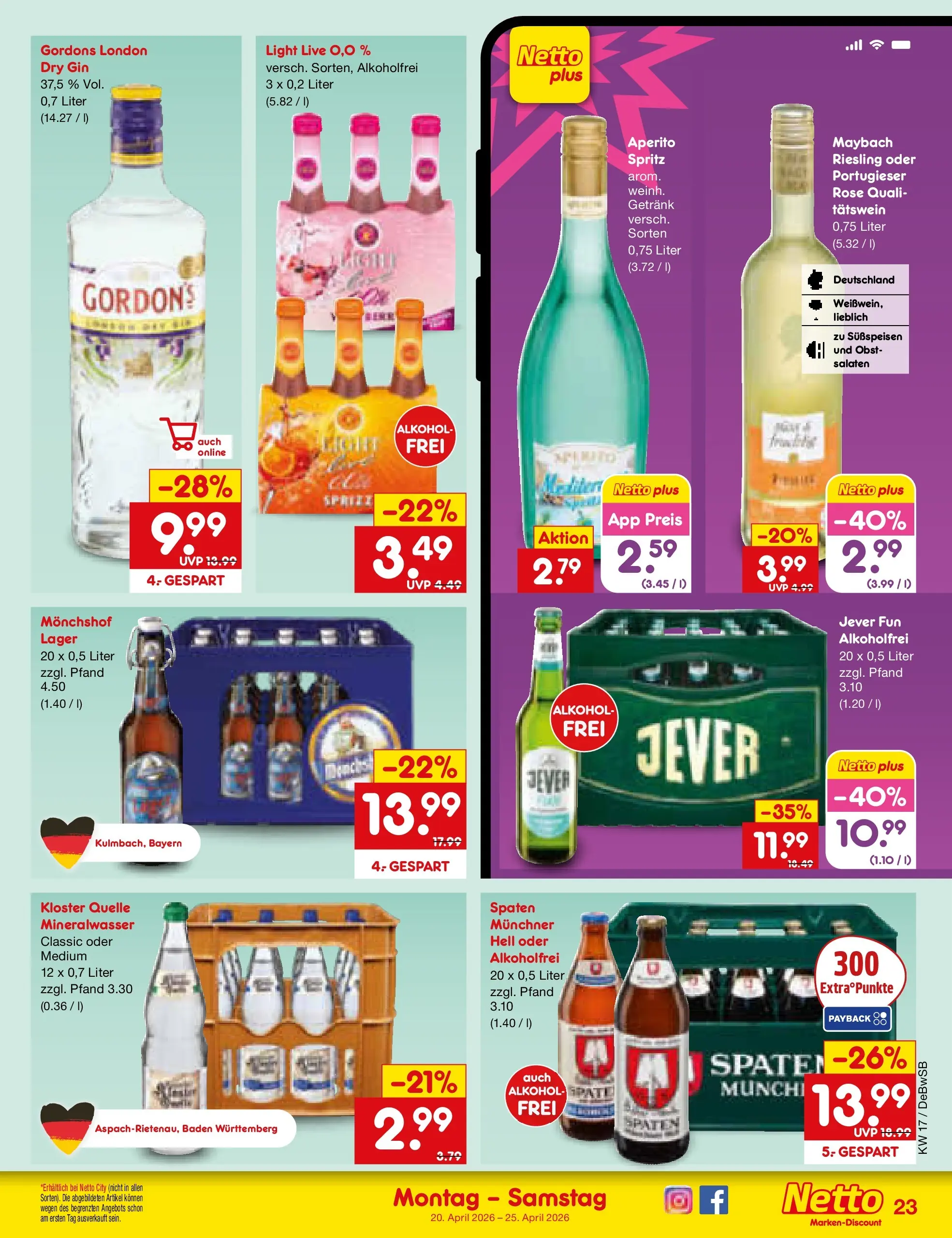 Netto Marken-Discount Prospekt Waiblingen-Bittenfeld	 (ab 19.04.2026) » Angebote | Seite: 31 | Produkte: Sprite, Mineralwasser, Obst, Gin