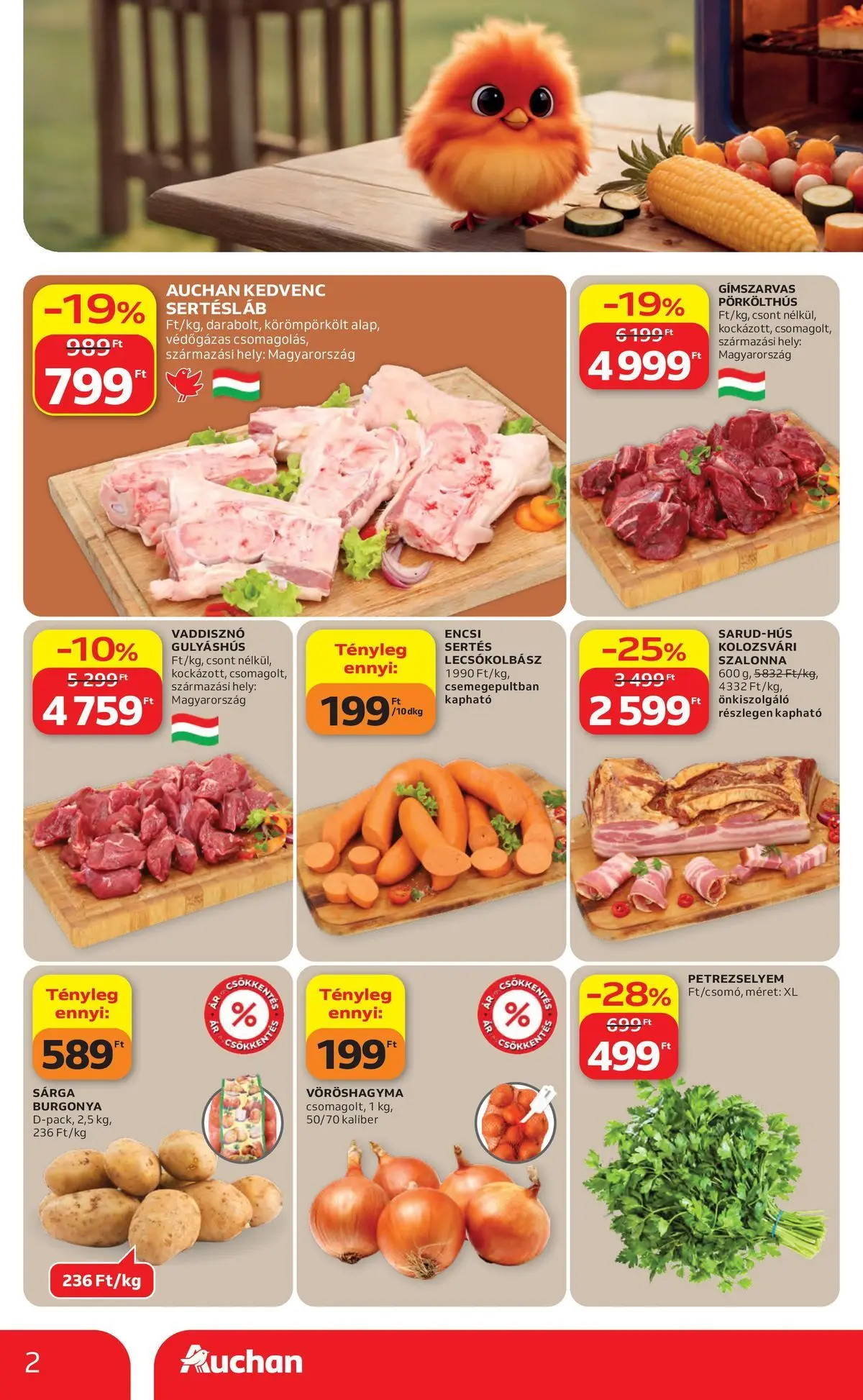 Auchan akciós újság Szolnok - 2026.04.16. -tól/töl > akció, lapozható szórólap 🛍️ | Oldal: 2 | Termékek: Petrezselyem, Burgonya, Szalonna, Lecsókolbász