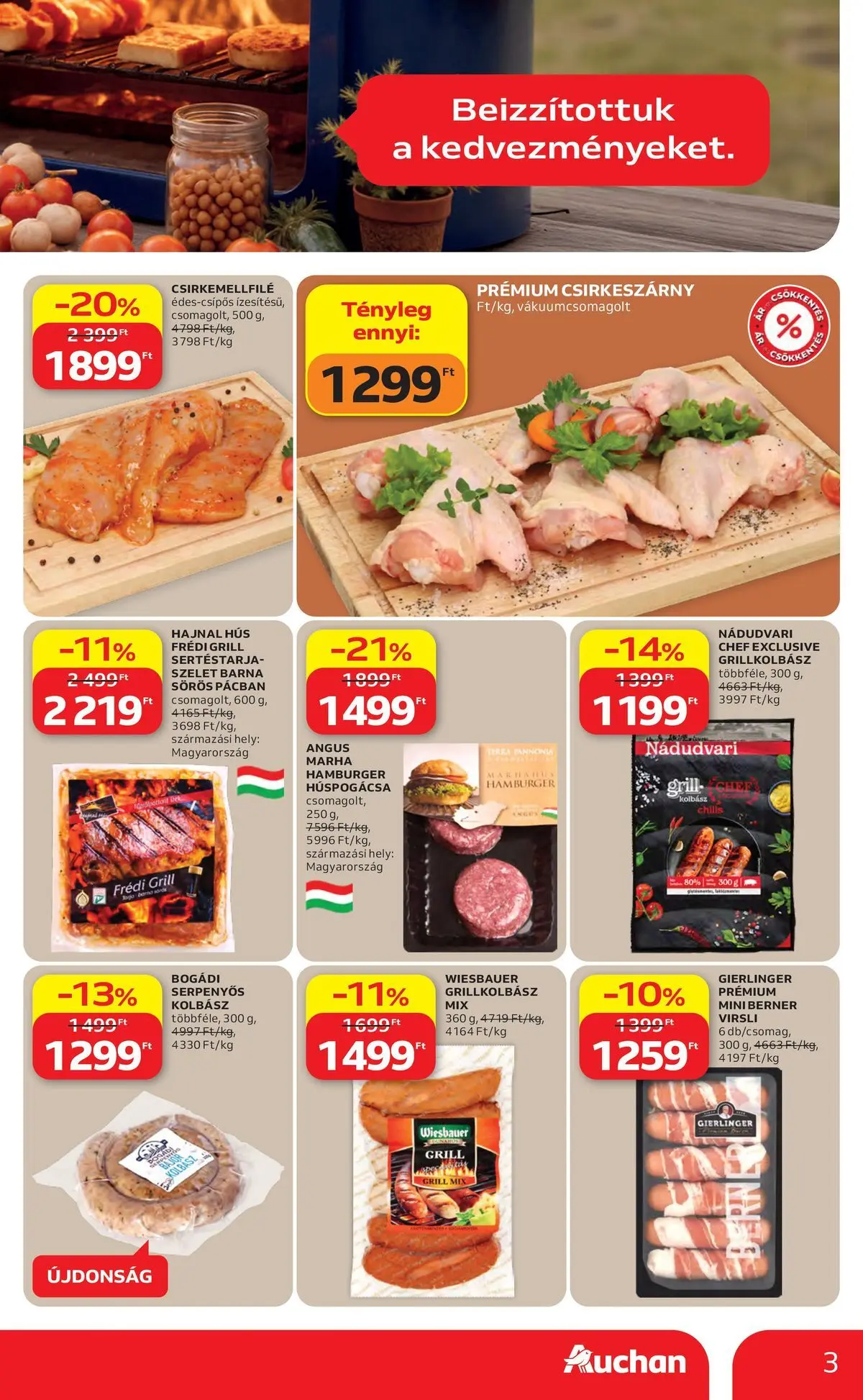 Auchan akciós újság Szolnok - 2026.04.16. -tól/töl > akció, lapozható szórólap 🛍️ | Oldal: 3 | Termékek: Virsli, Hamburger, Hús, Grill