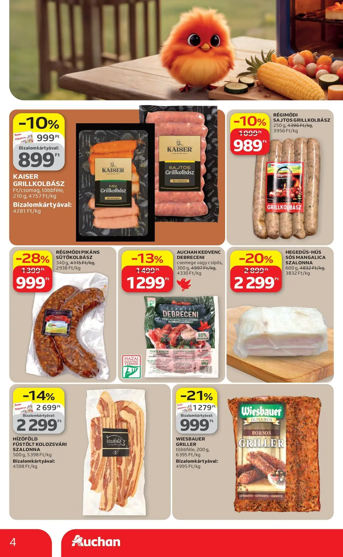 Auchan akciós újság Szolnok - 2026.04.16. -tól/töl > akció, lapozható szórólap 🛍️ | Oldal: 4 | Termékek: Grillkolbász, Debreceni, Szalonna