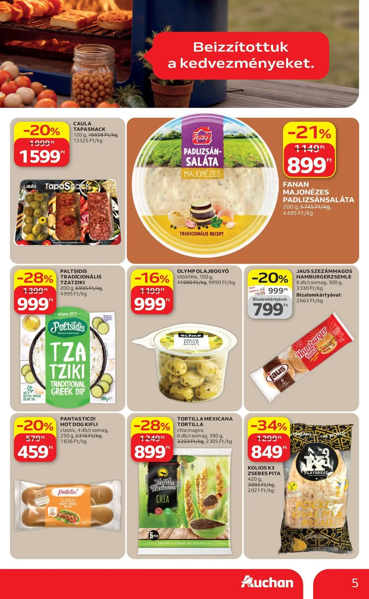 Auchan akciós újság Szolnok - 2026.04.16. -tól/töl > akció, lapozható szórólap 🛍️ | Oldal: 5 | Termékek: Hot dog, Hamburger, Kifli, Hamburgerzsemle