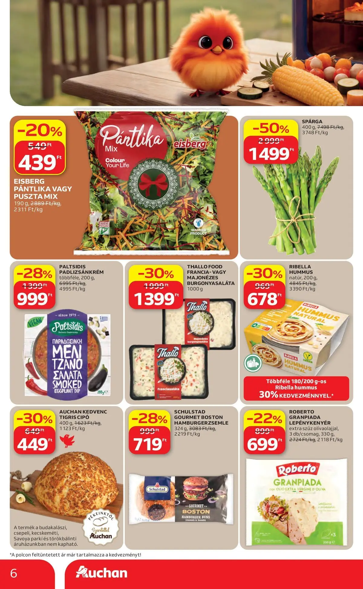 Auchan akciós újság Szolnok - 2026.04.16. -tól/töl > akció, lapozható szórólap 🛍️ | Oldal: 6 | Termékek: Hamburger, Hamburgerzsemle, Padlizsánkrém, Vegán