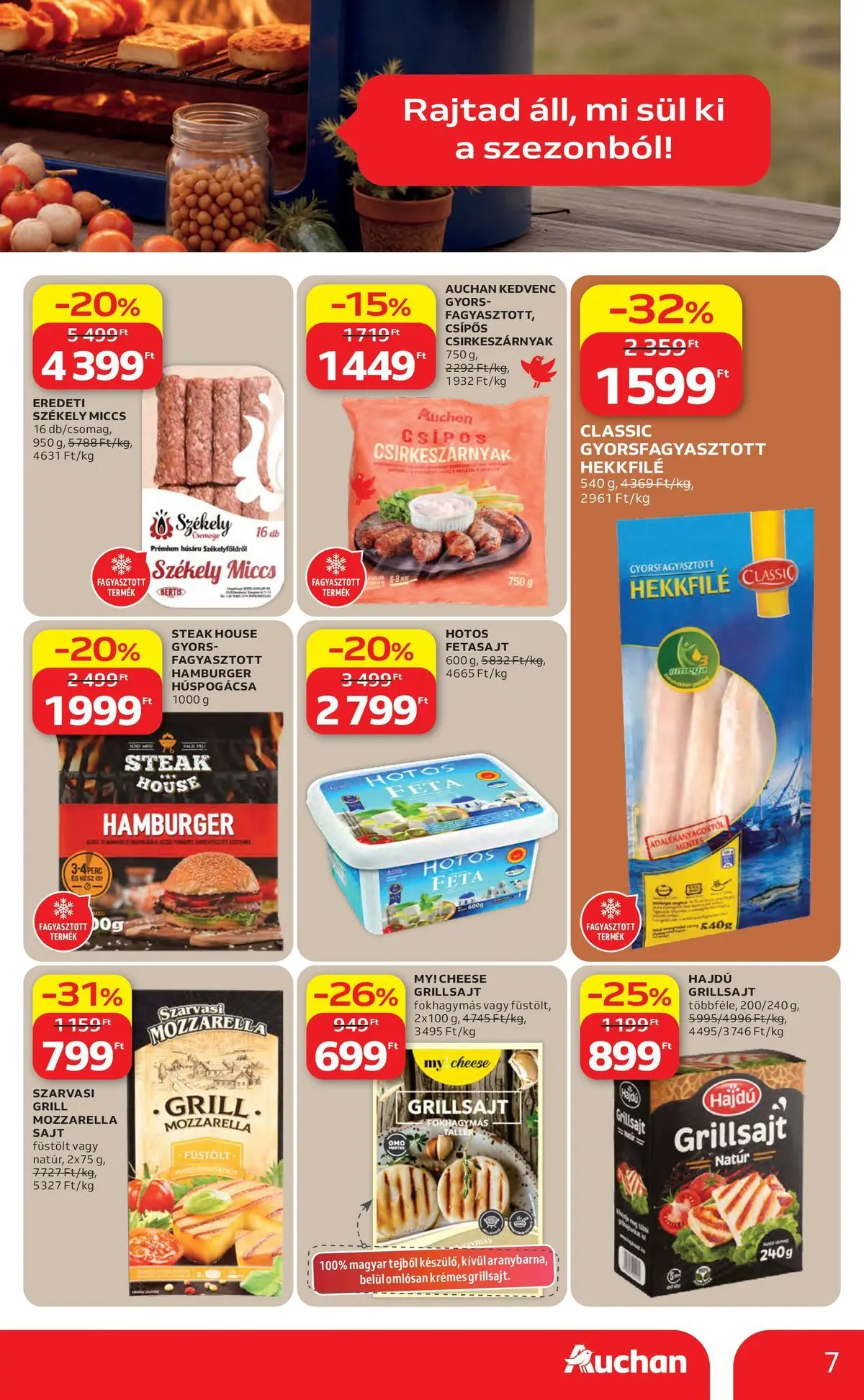 Auchan akciós újság Szolnok - 2026.04.16. -tól/töl > akció, lapozható szórólap 🛍️ | Oldal: 7 | Termékek: Hamburger, Grill, Grillsajt, Sajt