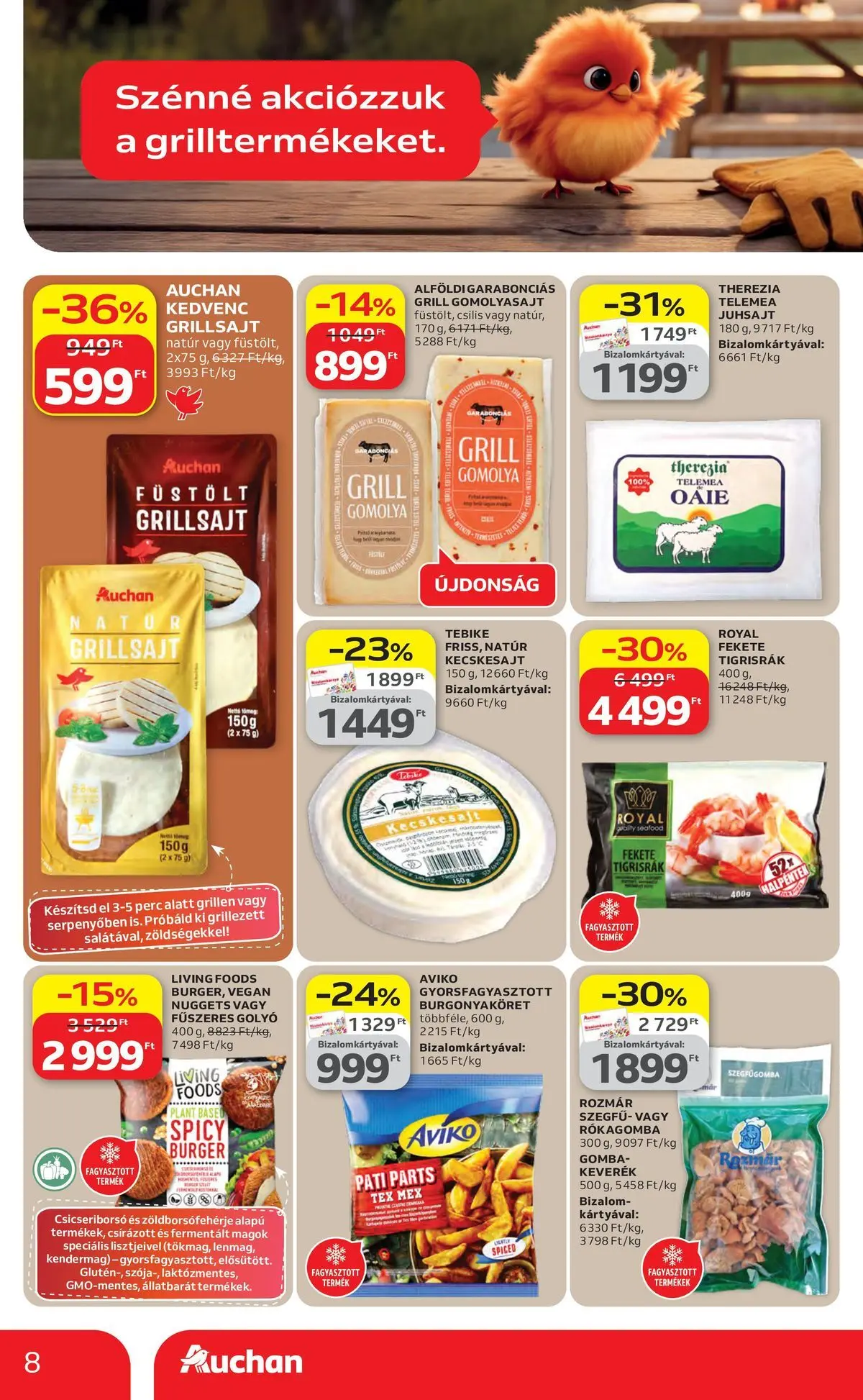 Auchan akciós újság Szolnok - 2026.04.16. -tól/töl > akció, lapozható szórólap 🛍️ | Oldal: 8 | Termékek: Grill, Grillsajt, Kecskesajt, Gomba