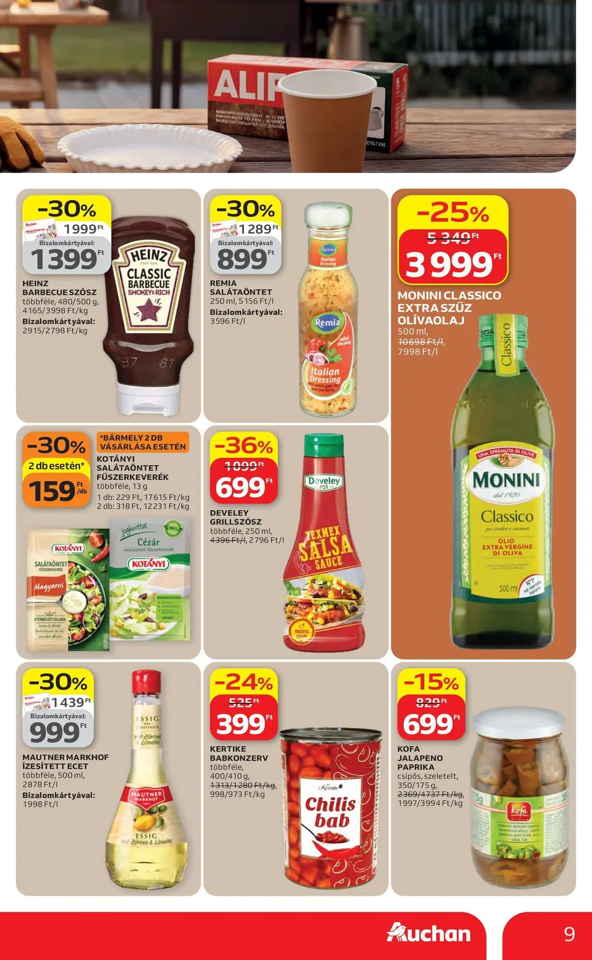 Auchan akciós újság Szolnok - 2026.04.16. -tól/töl > akció, lapozható szórólap 🛍️ | Oldal: 9 | Termékek: Jalapeno, Babkonzerv, Szósz, Olívaolaj