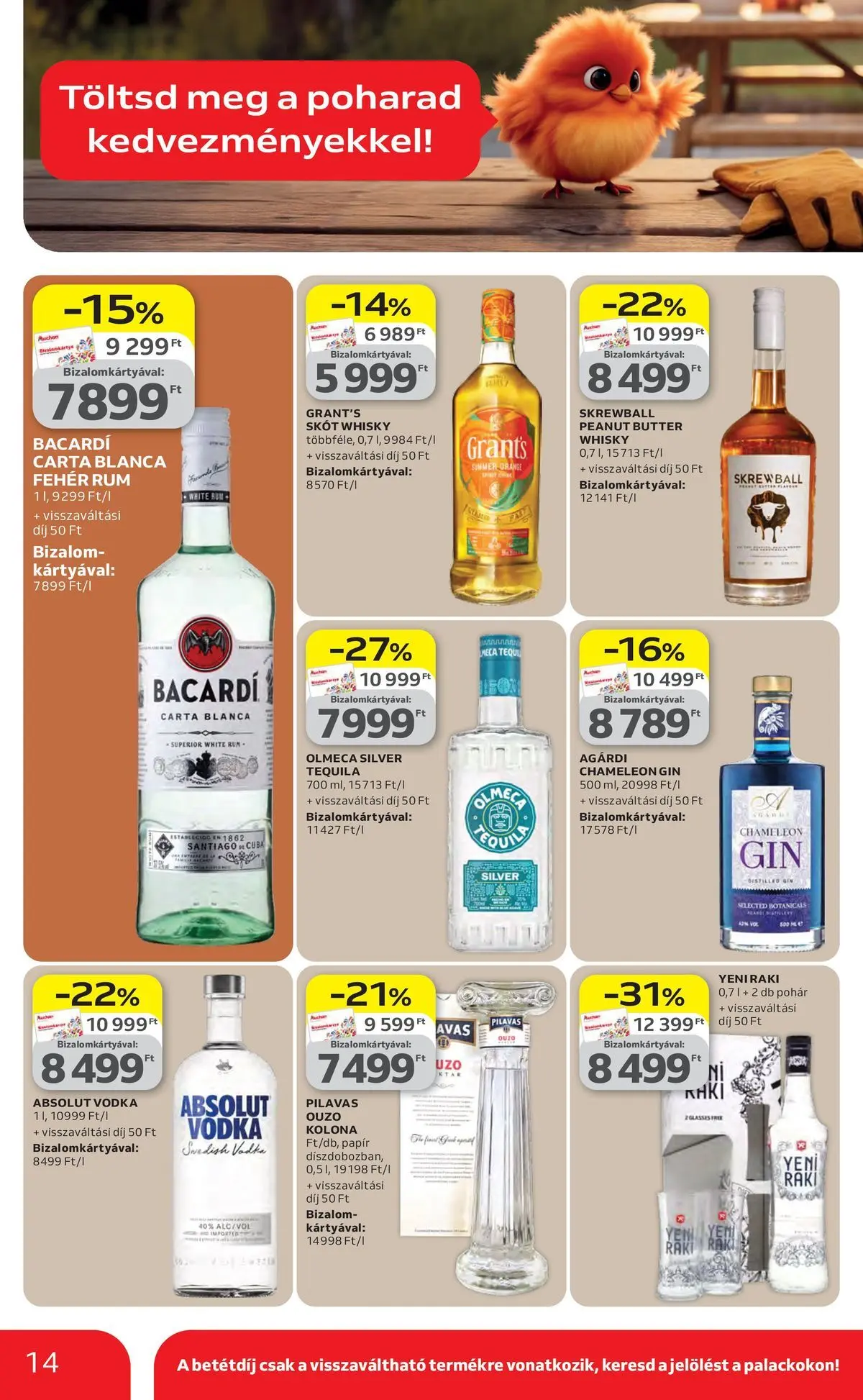 Auchan akciós újság Szolnok - 2026.04.16. -tól/töl > akció, lapozható szórólap 🛍️ | Oldal: 14 | Termékek: Absolut vodka, Bacardi, Vodka, Pohár