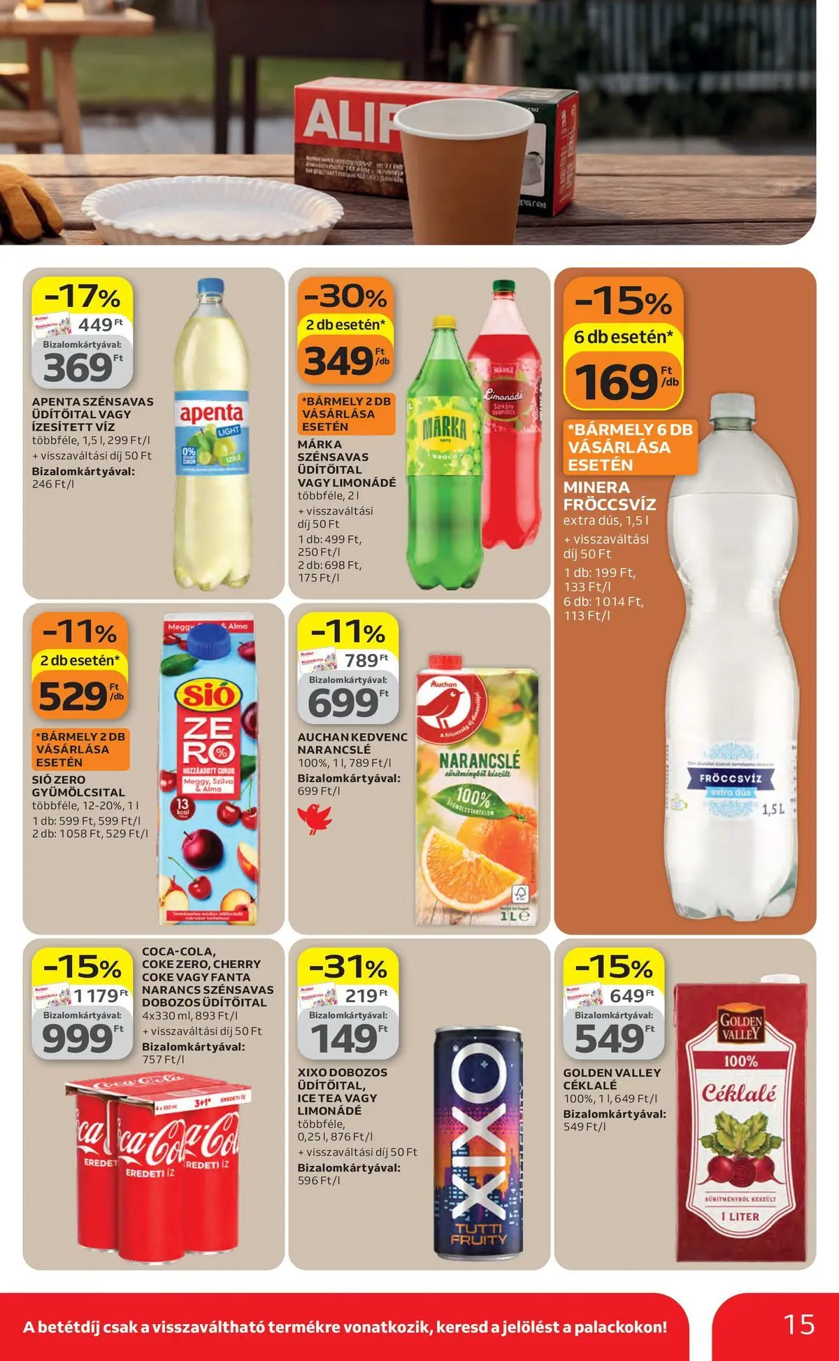 Auchan akciós újság Szolnok - 2026.04.16. -tól/töl > akció, lapozható szórólap 🛍️ | Oldal: 15 | Termékek: Gyümölcsital, Ice tea, Narancs, Narancslé