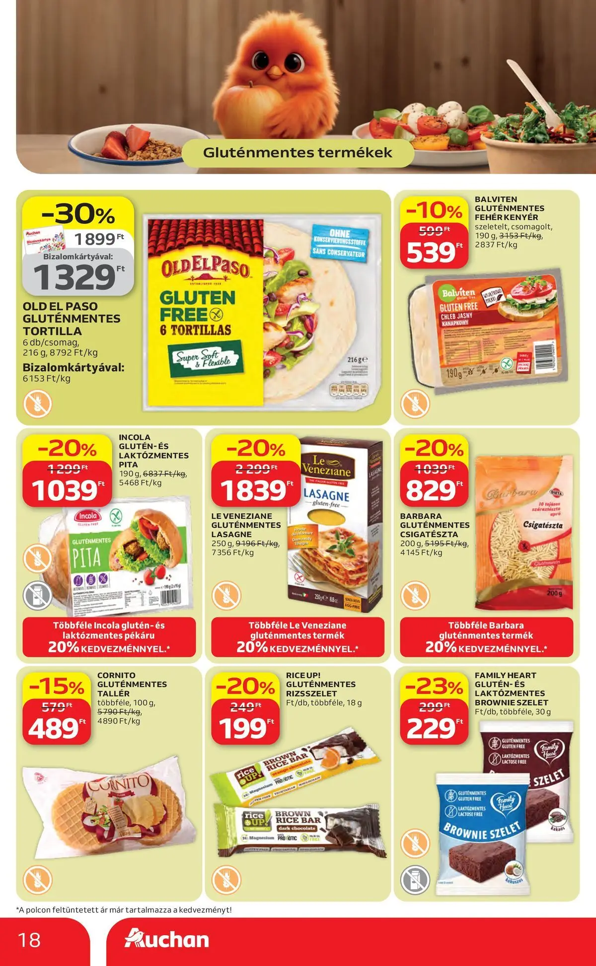Auchan akciós újság Szolnok - 2026.04.16. -tól/töl > akció, lapozható szórólap 🛍️ | Oldal: 18 | Termékek: Tortilla, Kenyér, Lasagne, Brownie