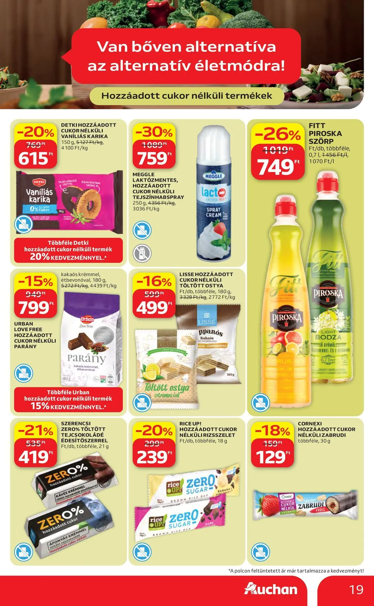 Auchan akciós újság Szolnok - 2026.04.16. -tól/töl > akció, lapozható szórólap 🛍️ | Oldal: 19 | Termékek: Szörp, Tejcsokoládé, Cukor