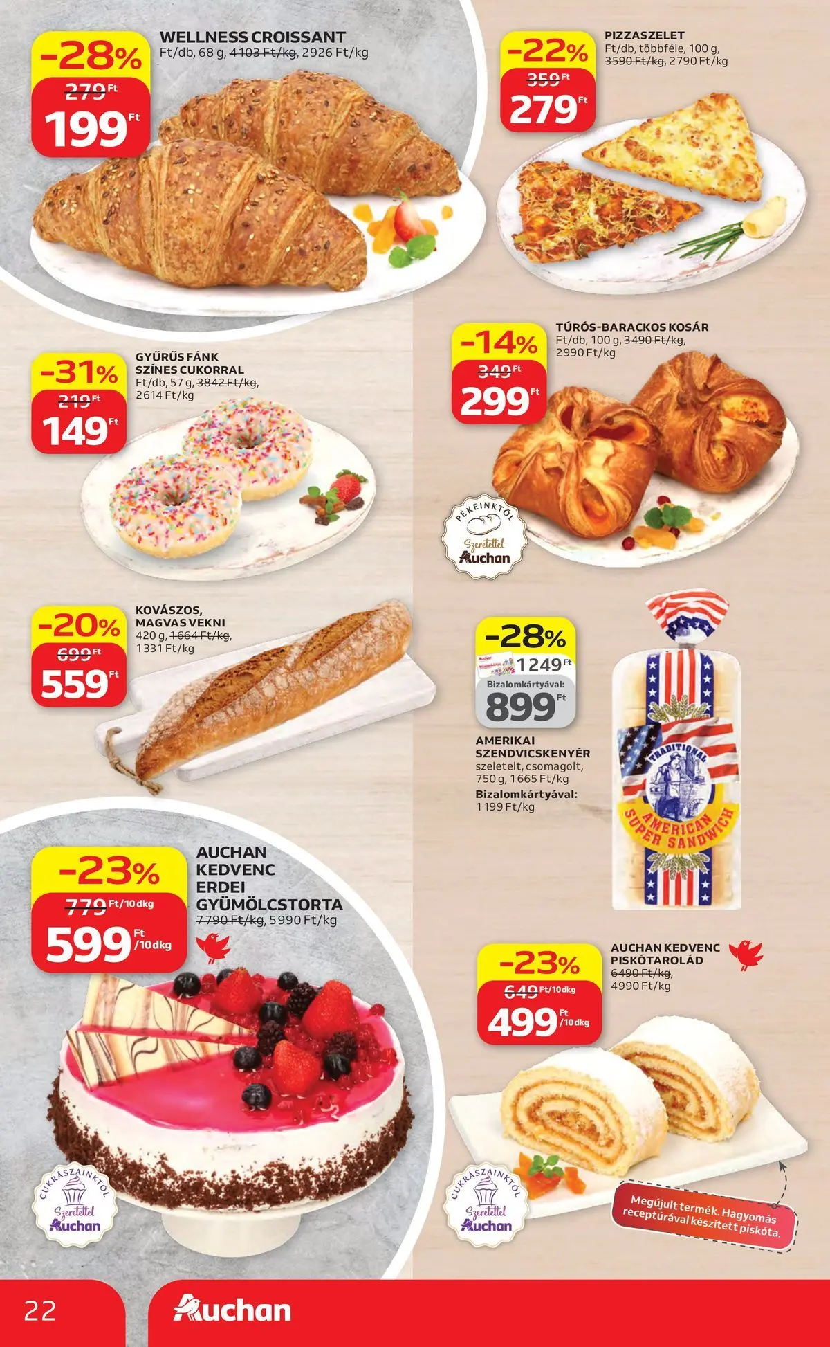 Auchan akciós újság Szolnok - 2026.04.16. -tól/töl > akció, lapozható szórólap 🛍️ | Oldal: 22 | Termékek: Croissant, Fánk, Szendvicskenyér, Kosár