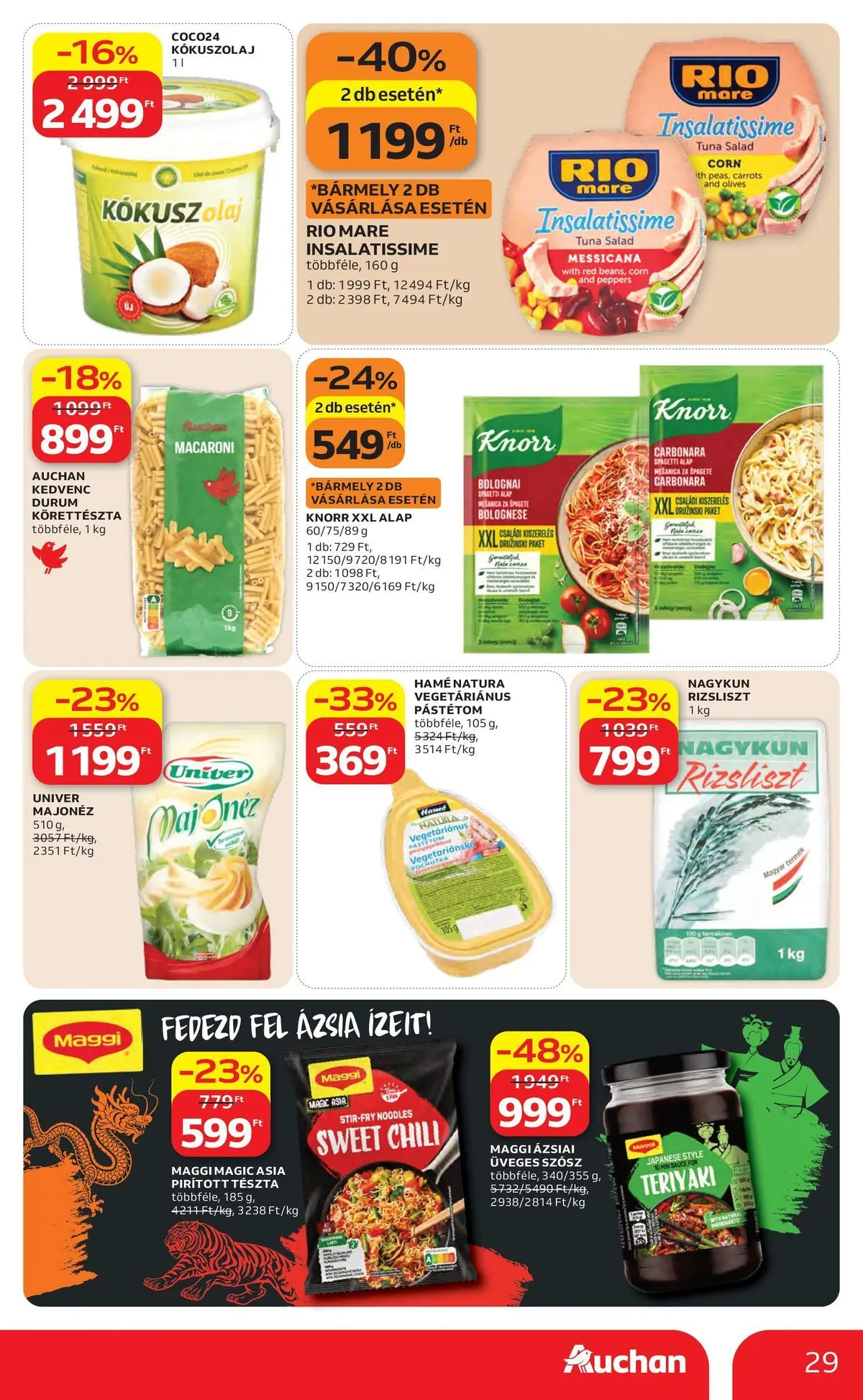 Auchan akciós újság Szolnok - 2026.04.16. -tól/töl > akció, lapozható szórólap 🛍️ | Oldal: 29 | Termékek: Rizsliszt, Spagetti, Kókuszolaj, Tészta