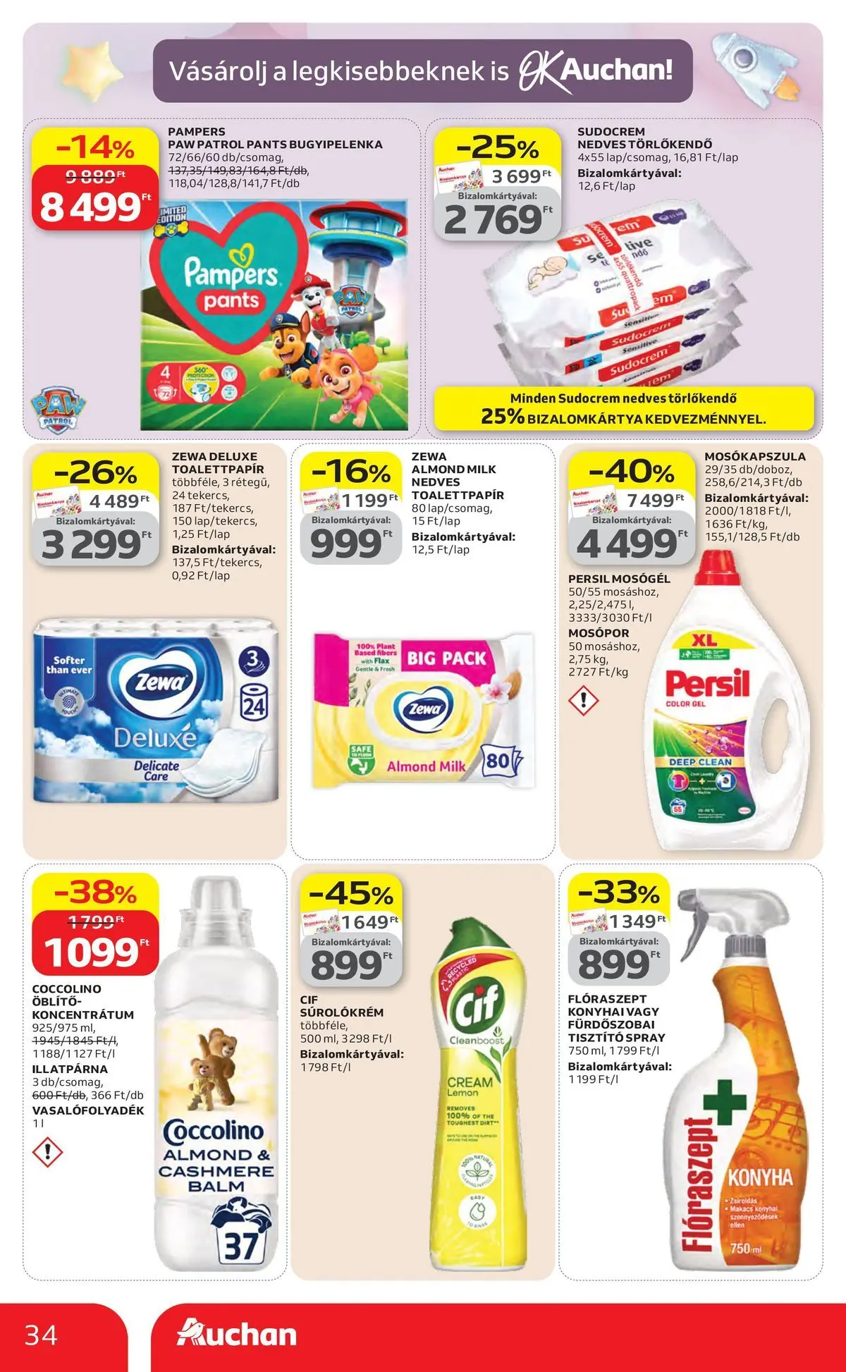 Auchan akciós újság Szolnok - 2026.04.16. -tól/töl > akció, lapozható szórólap 🛍️ | Oldal: 34 | Termékek: Pampers, Törlőkendő, Mosókapszula, Öblítő