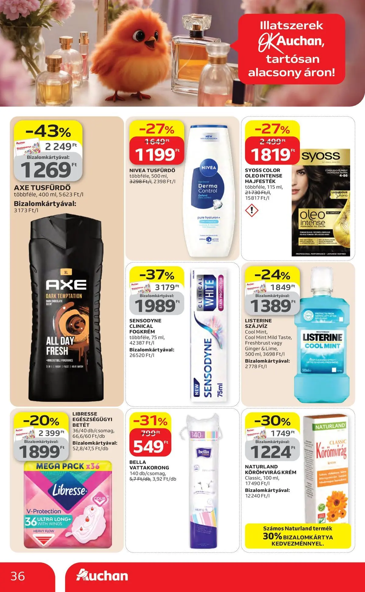 Auchan akciós újság Szolnok - 2026.04.16. -tól/töl > akció, lapozható szórólap 🛍️ | Oldal: 36 | Termékek: Vattakorong, Tusfürdő, Fogkrém, Szájvíz