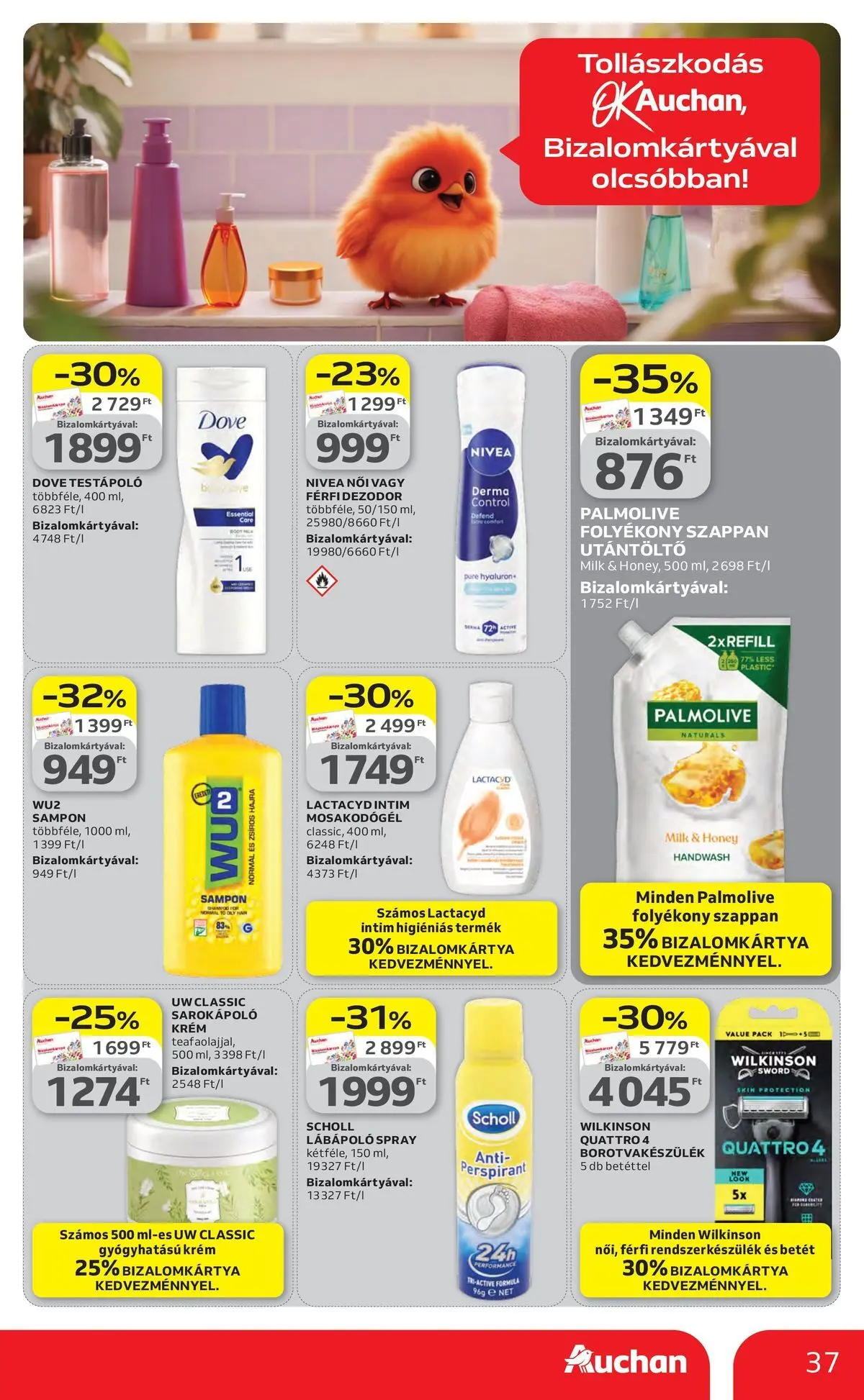 Auchan akciós újság Szolnok - 2026.04.16. -tól/töl > akció, lapozható szórólap 🛍️ | Oldal: 37 | Termékek: Folyékony szappan, Sampon, Testápoló, Dezodor