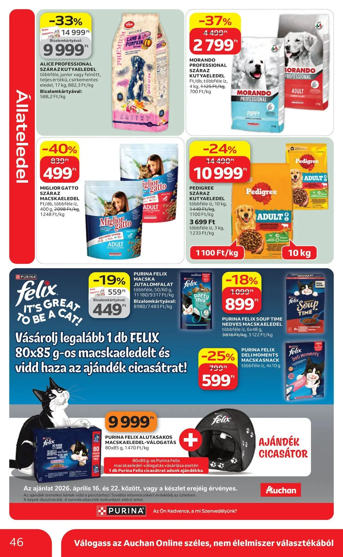 Auchan akciós újság Szolnok - 2026.04.16. -tól/töl > akció, lapozható szórólap 🛍️ | Oldal: 46 | Termékek: Macskaeledel, Kutyaeledel