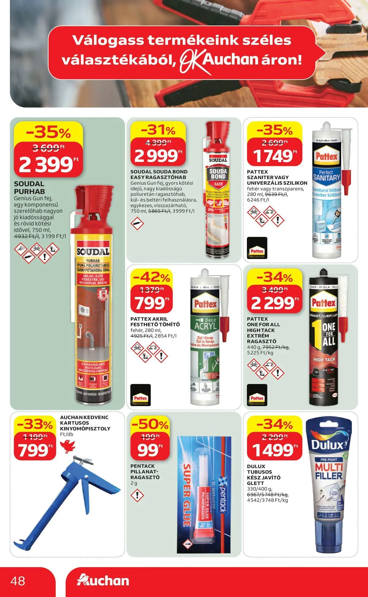 Auchan akciós újság Szolnok - 2026.04.16. -tól/töl > akció, lapozható szórólap 🛍️ | Oldal: 48 | Termékek: Ragasztó