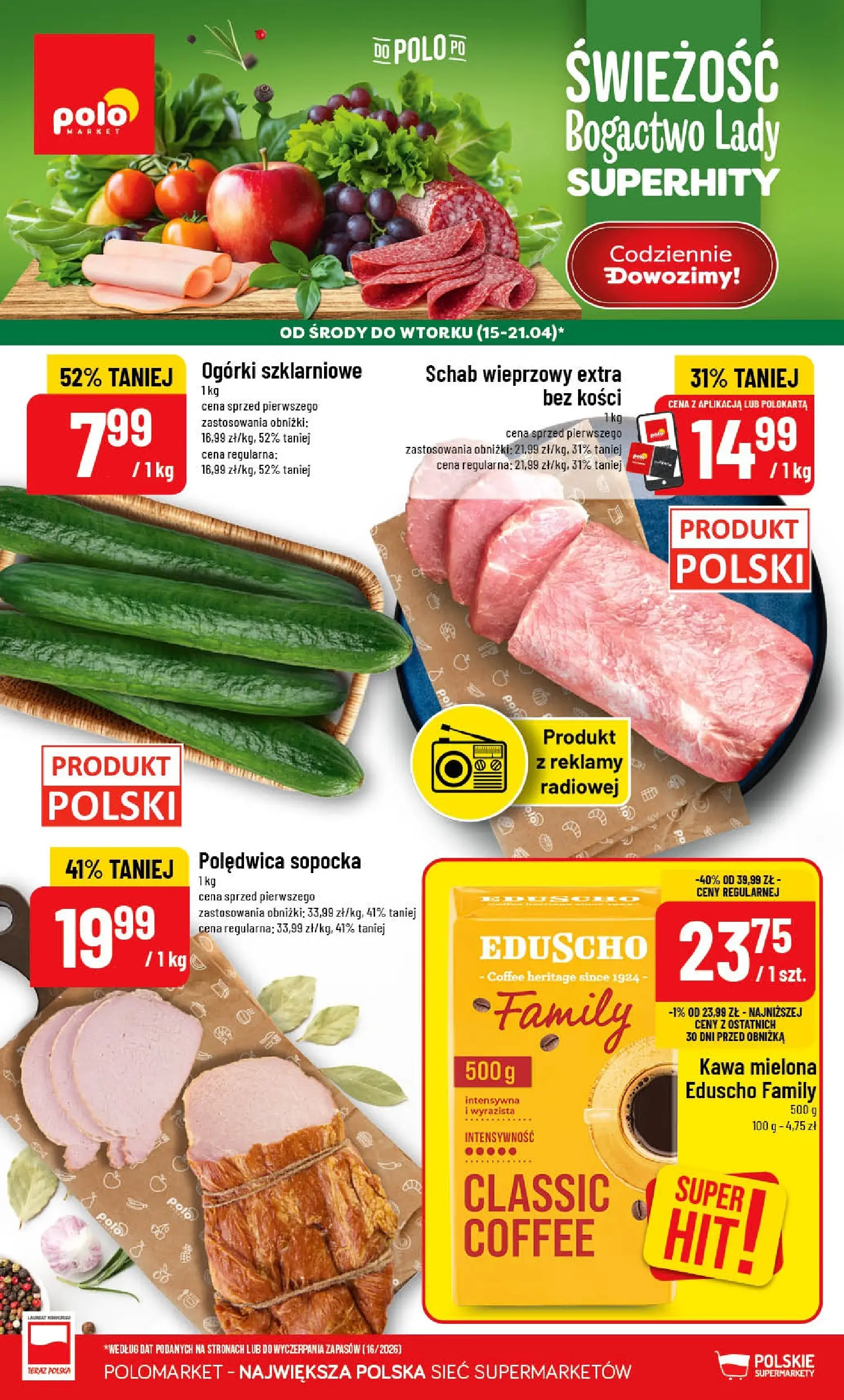 Nowa POLOmarket gazetka od jutra 15.04.2026 | Strona: 1 | Produkty: Schab, Schab wieprzowy, Kawa, Ogórki