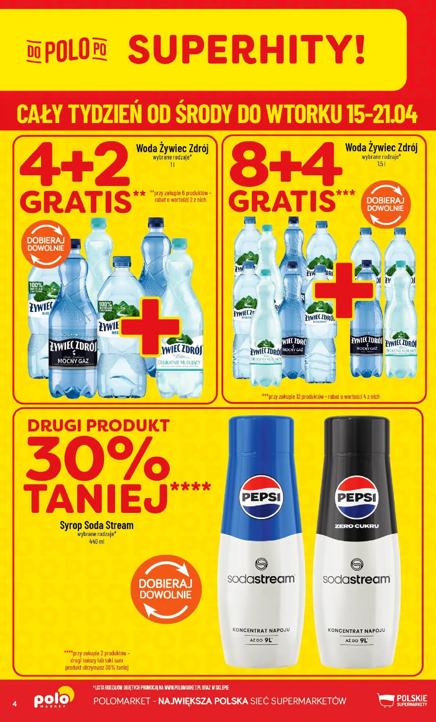 Nowa POLOmarket gazetka od jutra 15.04.2026 | Strona: 4 | Produkty: Syrop, Pepsi, Woda, Sodastream